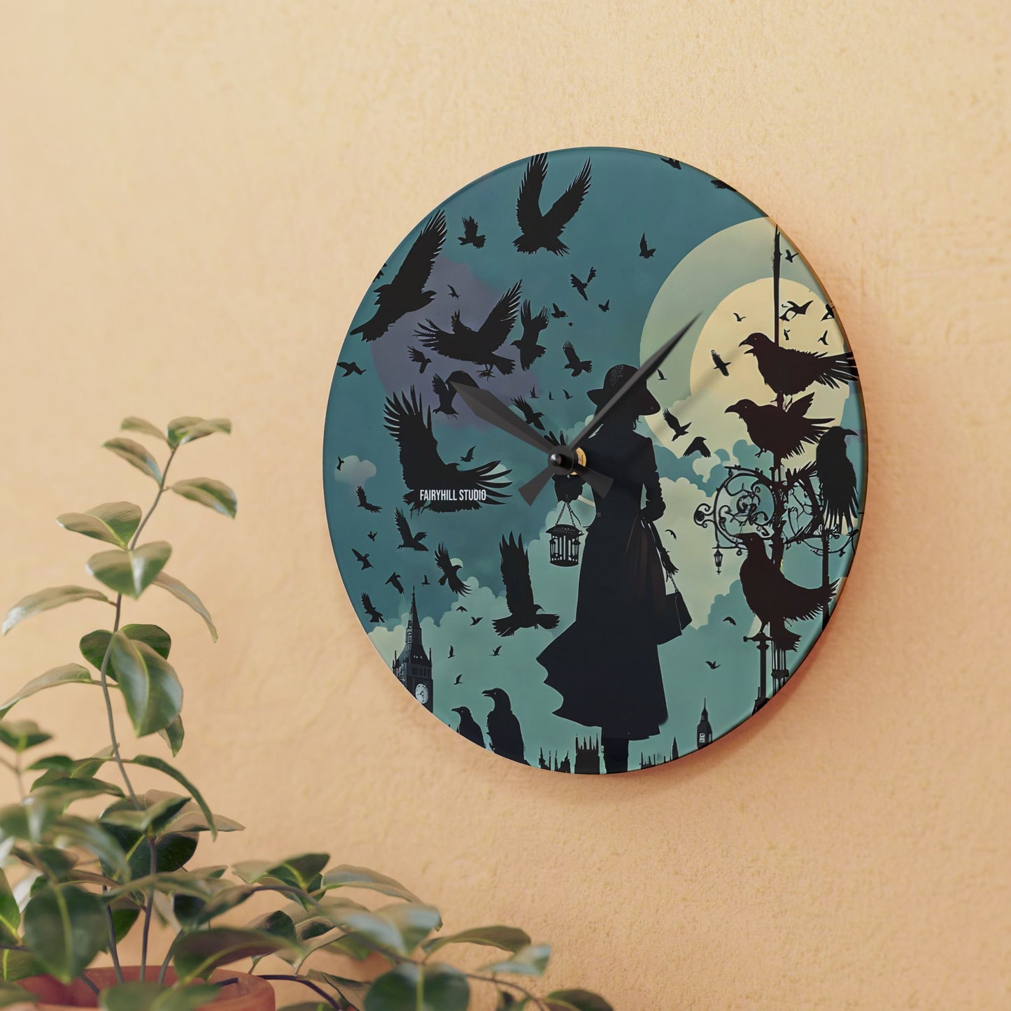 Wall Clock - Lady with Crows in London Alfred Hitchcock Movie The Birds Inspired Design