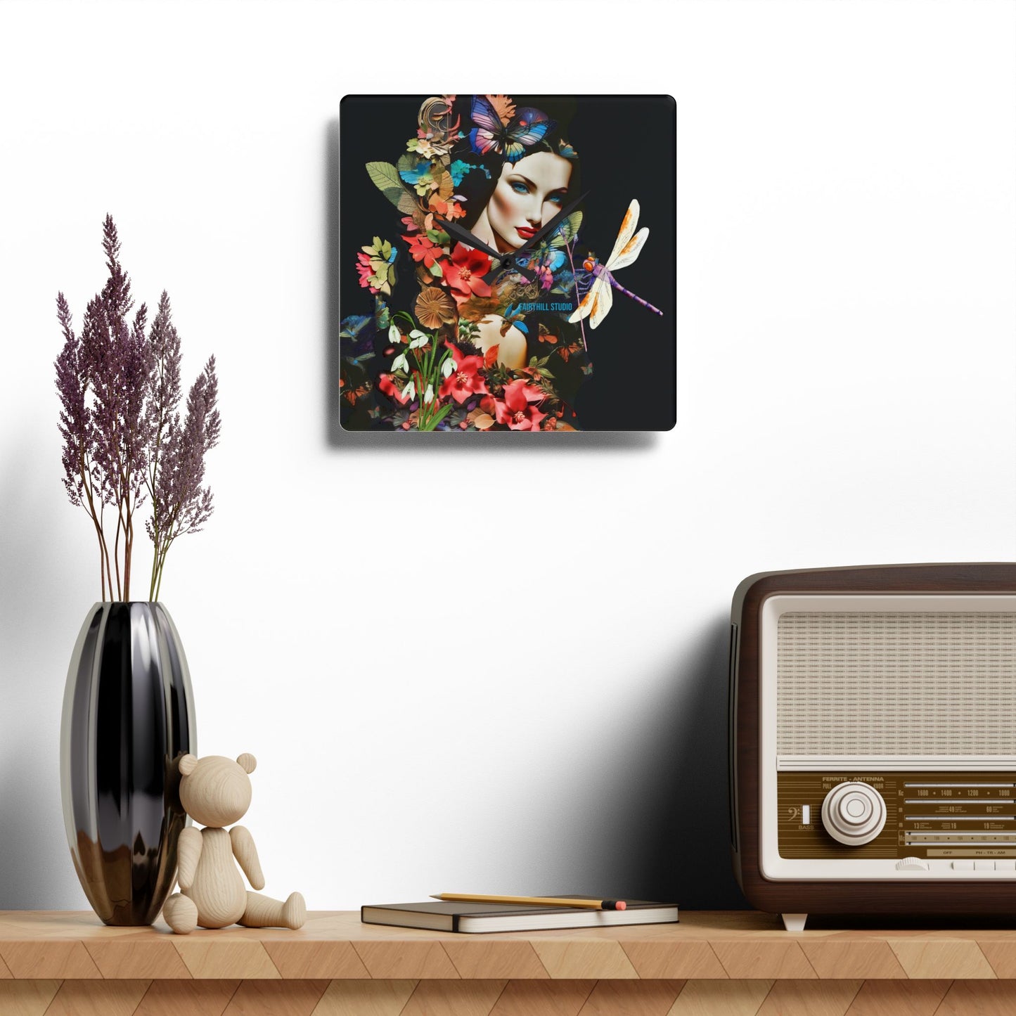 Acrylic Wall Clock -Lady in Nature with a Dragonfly /Art