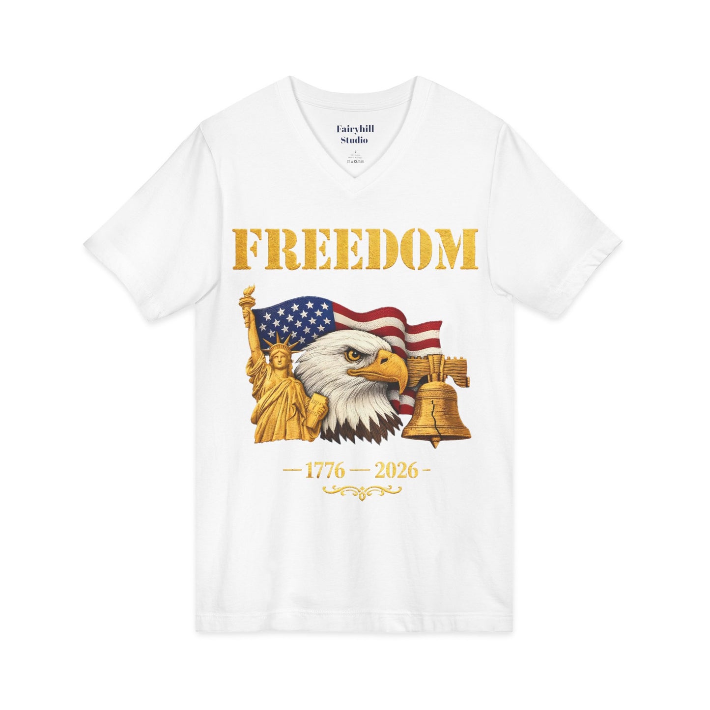 Freedom 1776–2026 Patriotic V-Neck Tee — Eagle, Flag & Liberty Bell 250th Anniversary