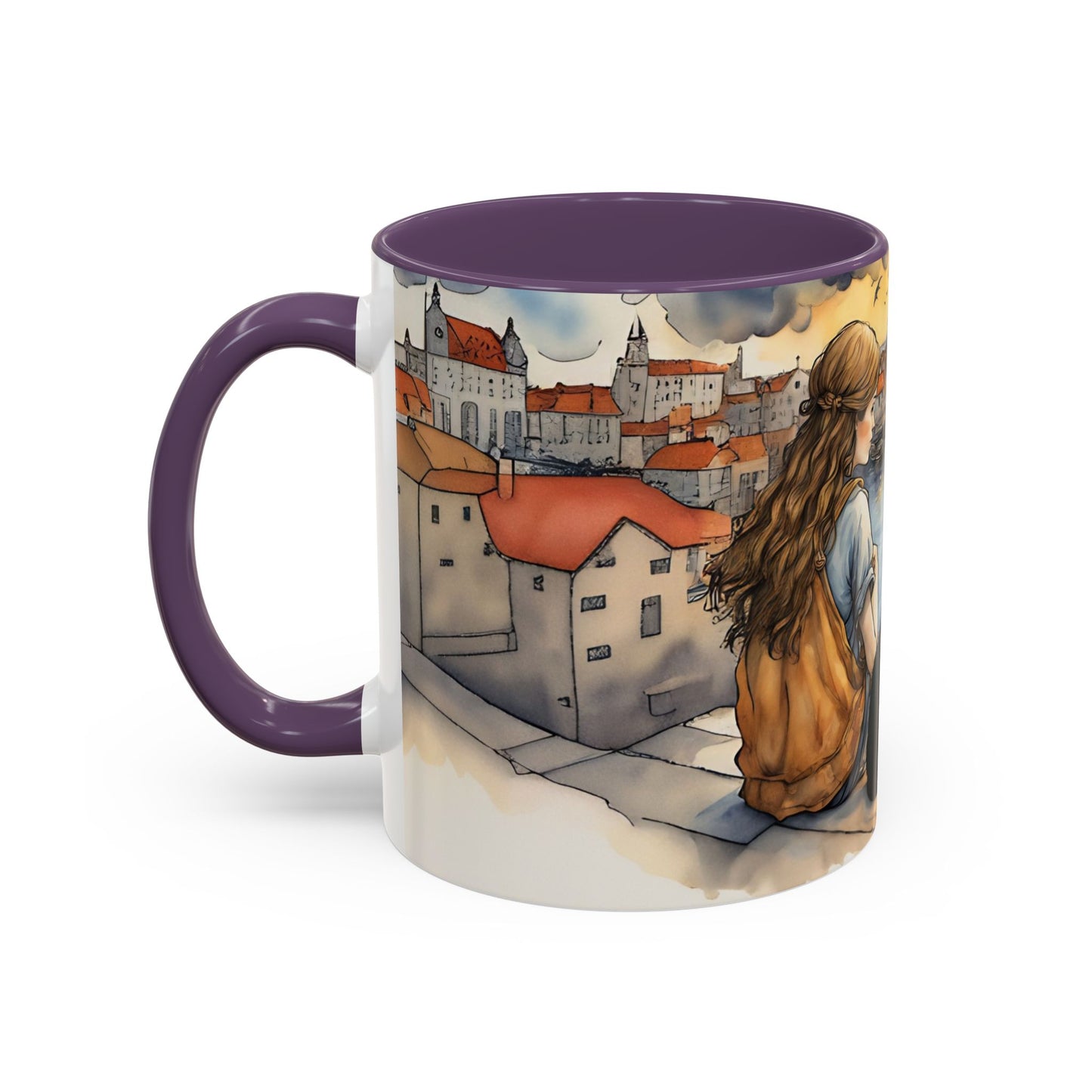 Girl with Black cat on a roof top Art-Themed Coffee Mug - 11 & 15oz Accent Mug for Musroom  Fsiry Lovers