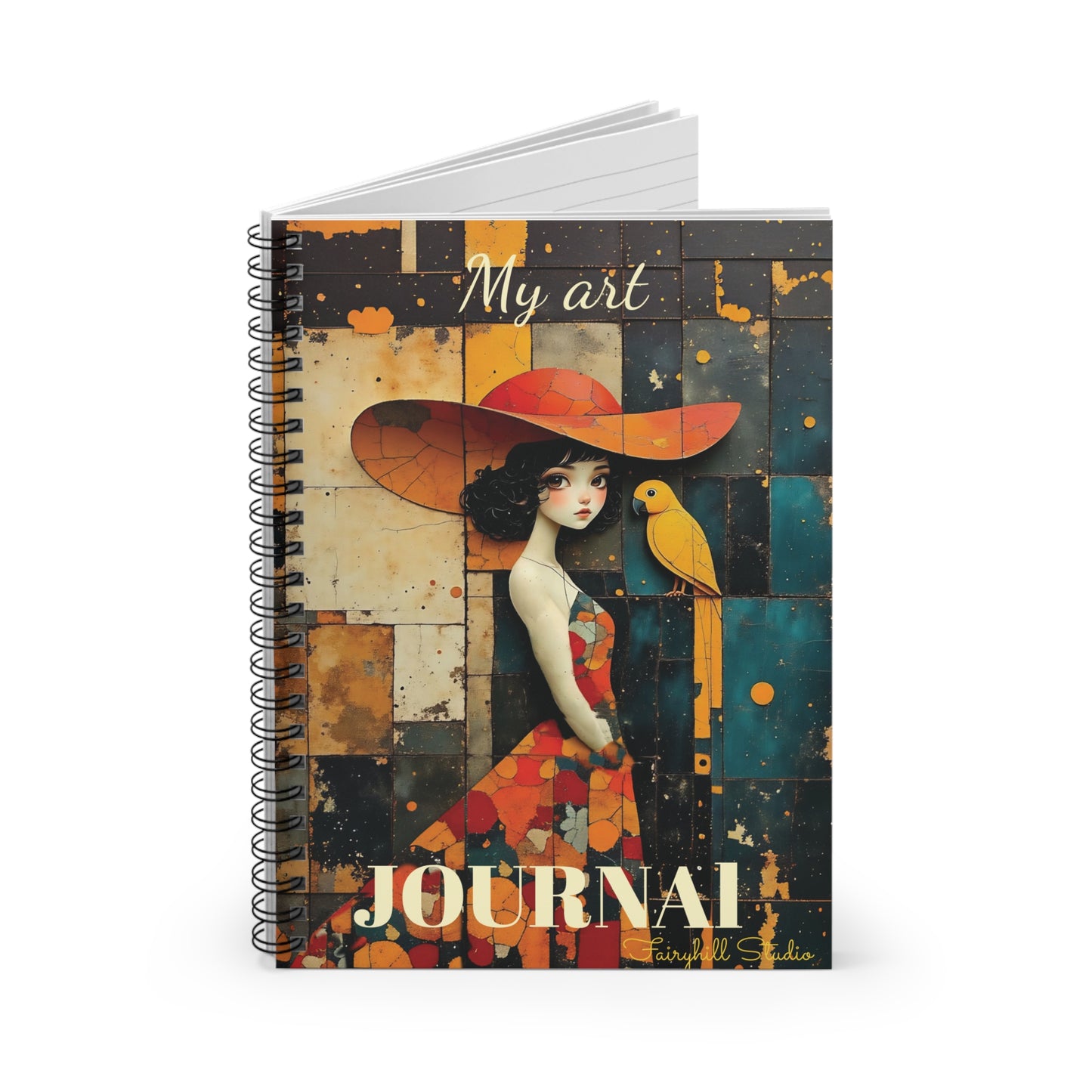 Spiral Notebook - Be Mindful Girl  with a yellow parrot art Journal