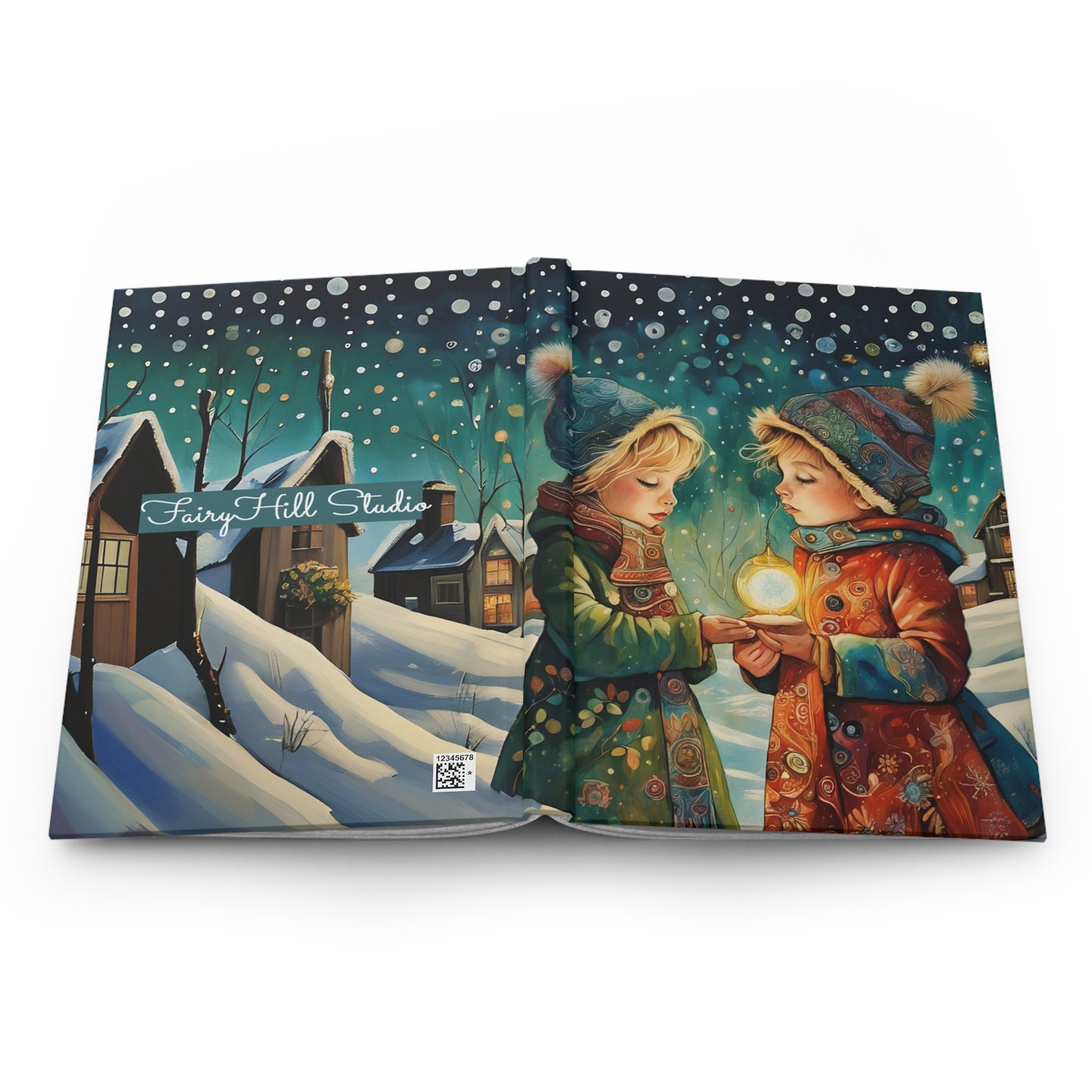 Hardcover Journal Matte - Christmas Gift Art featuring 2 Children in Snow by Fairyhill Studio