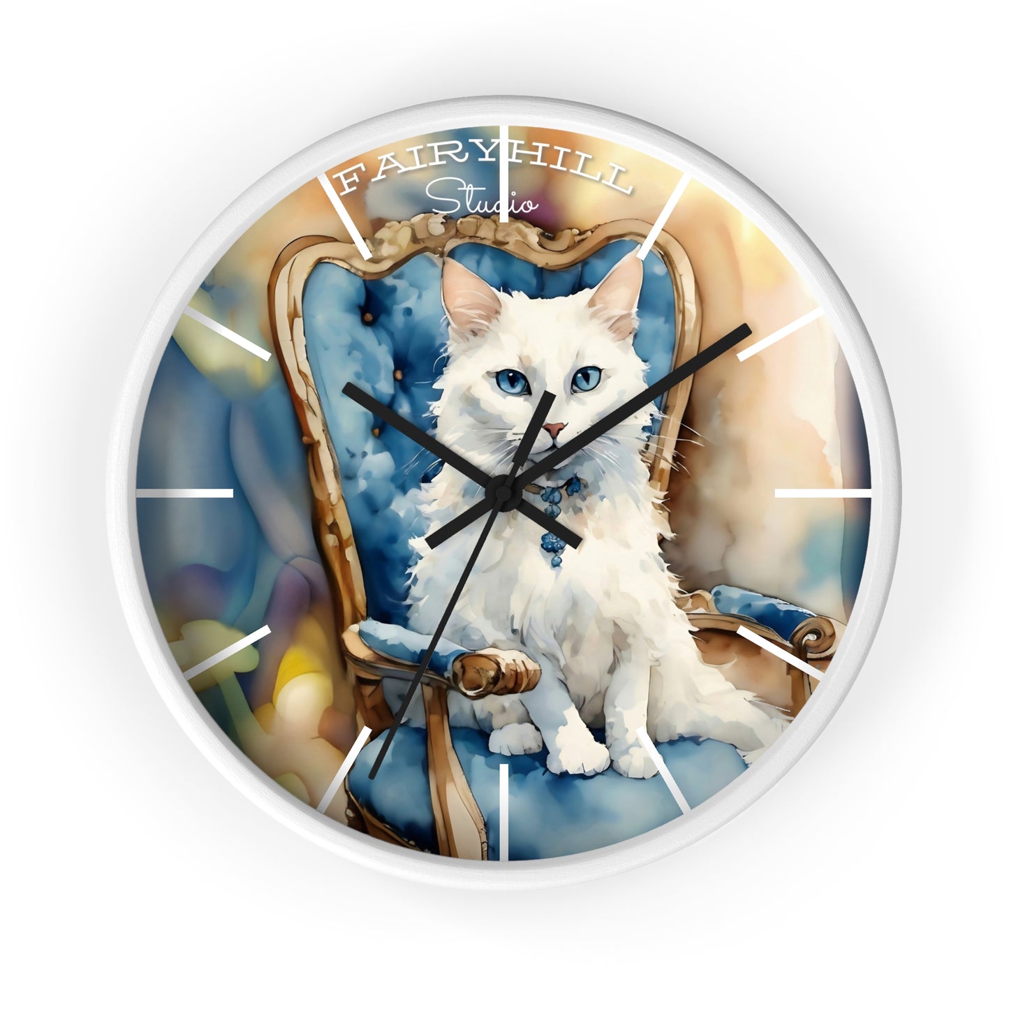 Fairy Hill Studio" White cat "  Wall Clock