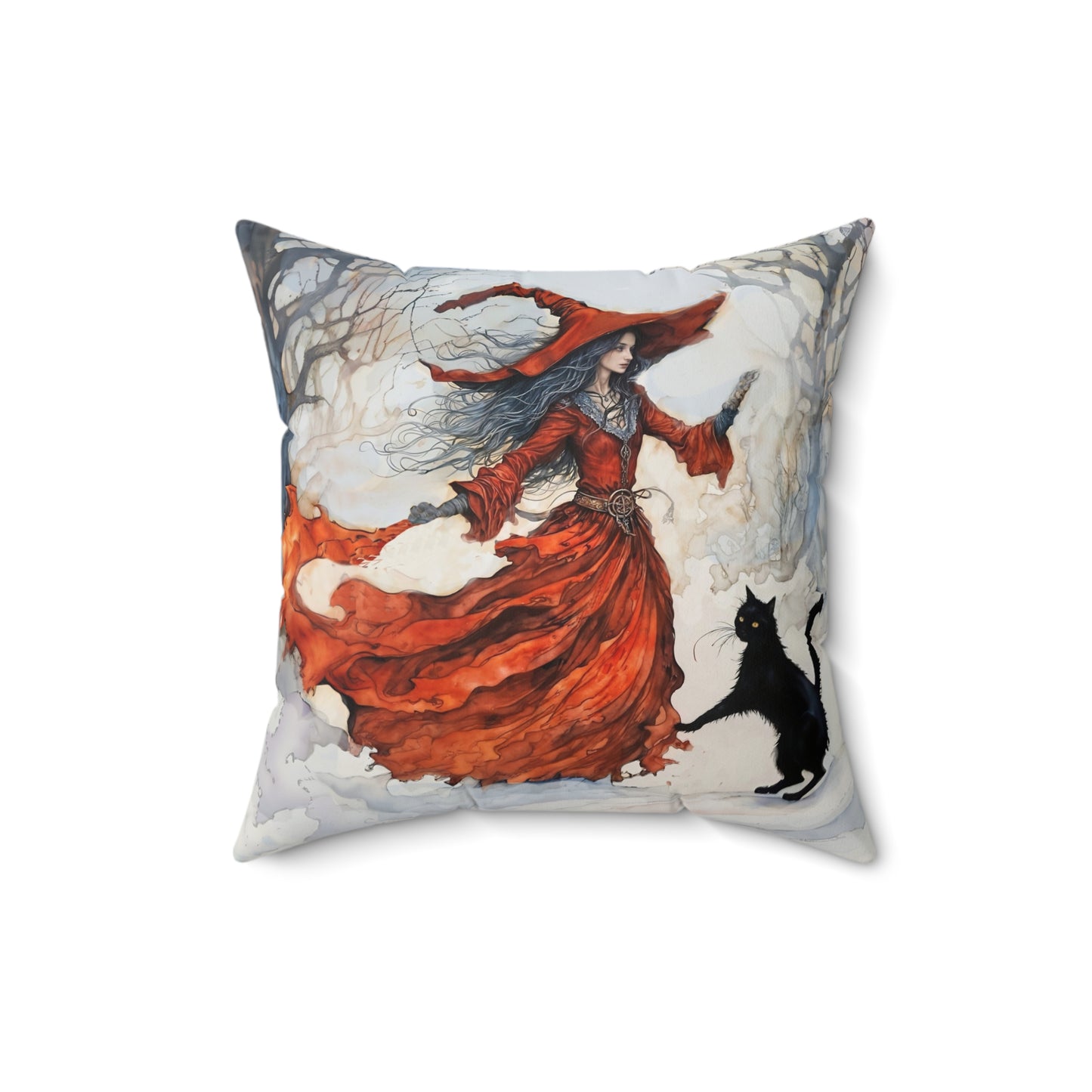 Crimson snow witch with black cat pillow  Square Pillow - by Fairyhill Studio