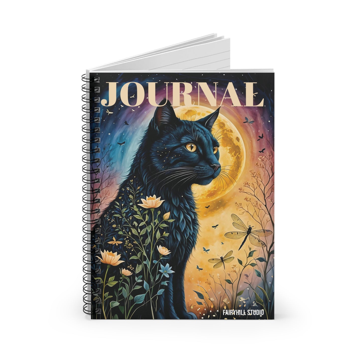 Spiral Notebook - Black Cat at Night and Dragonflies