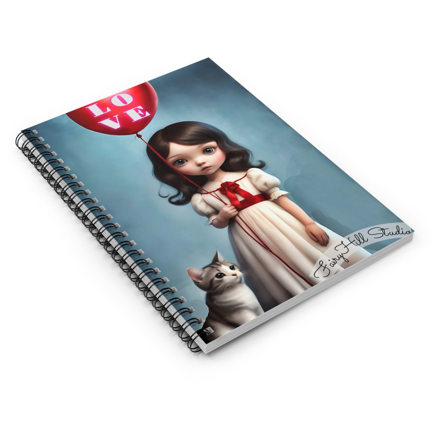 Ruled Line Notebook - Girl with Red Balloon and cat Art by Fairyhill Studio