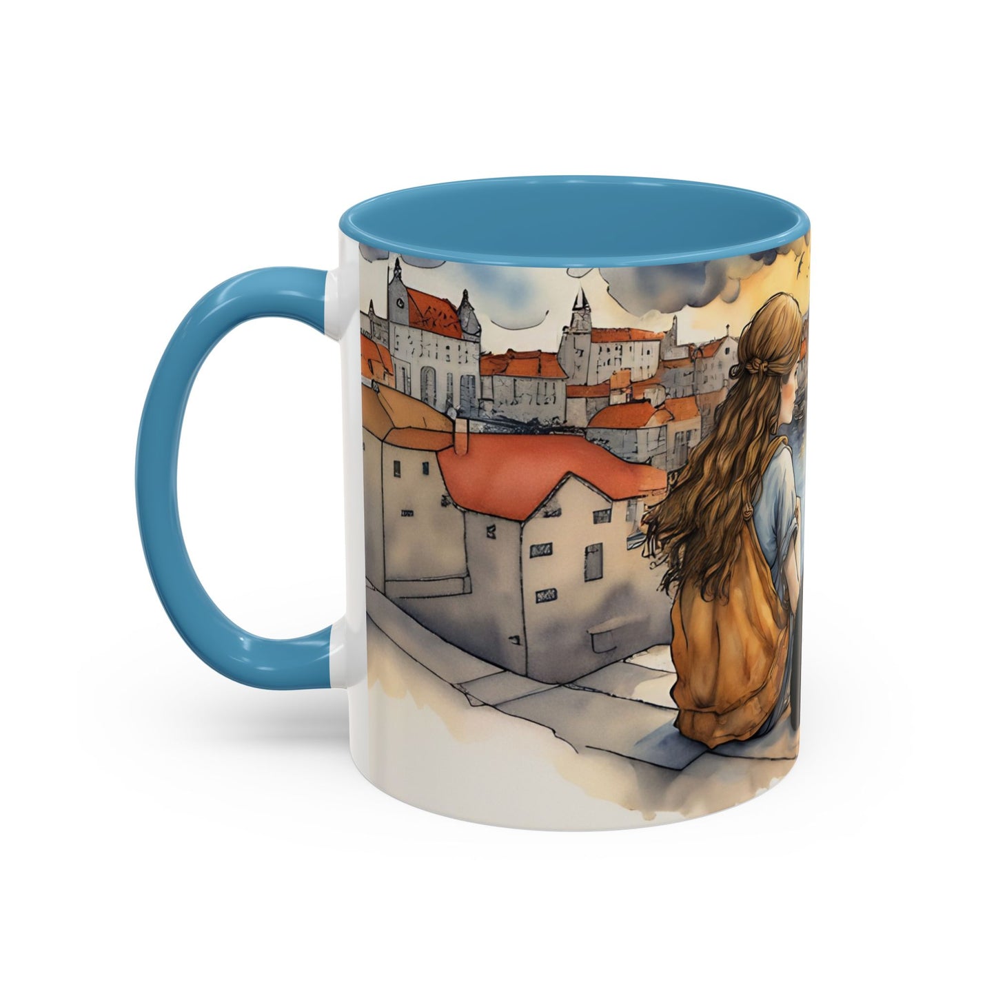Girl with Black cat on a roof top Art-Themed Coffee Mug - 11 & 15oz Accent Mug for Musroom  Fsiry Lovers