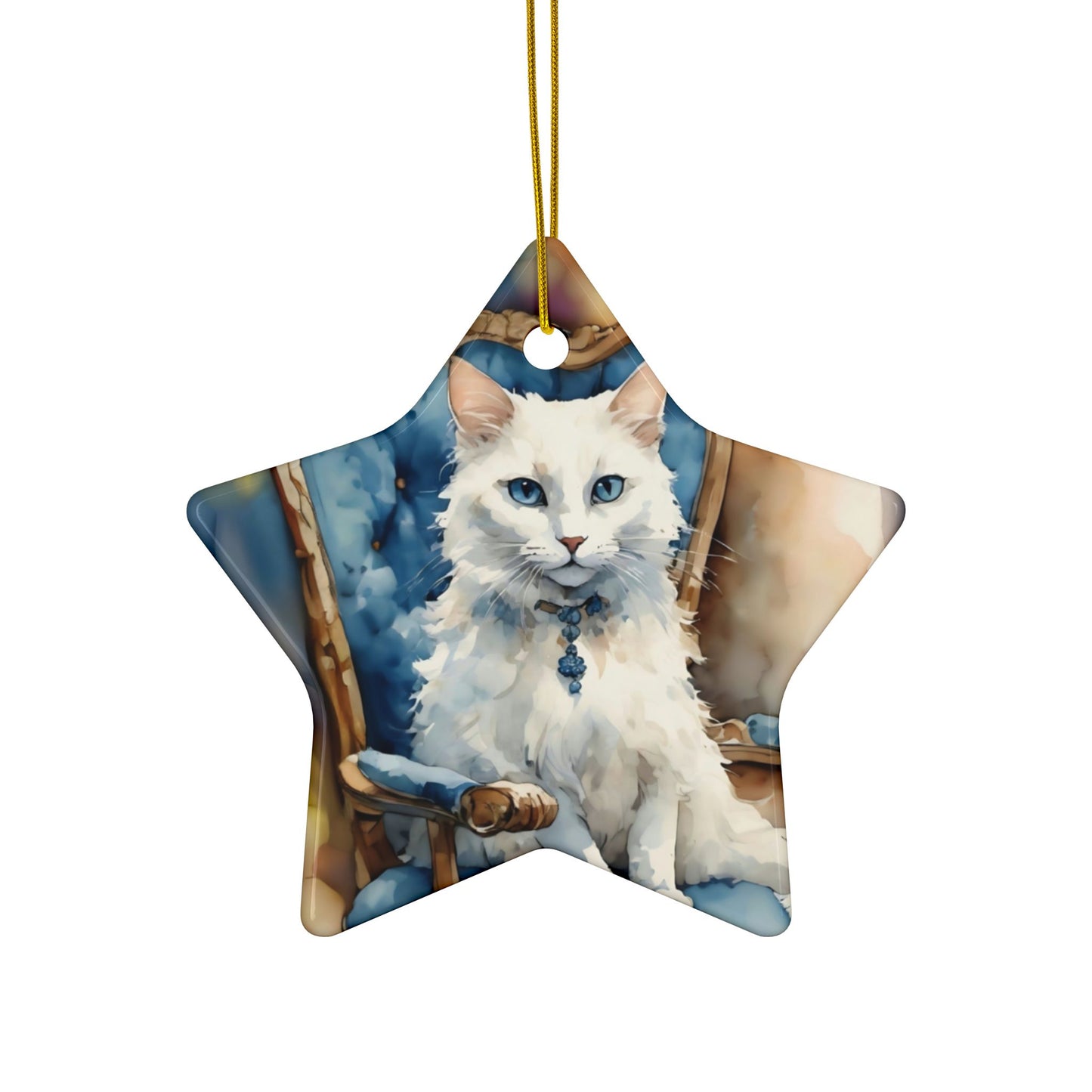 Ceramic Ornaments - White Cat on Blue Chair - 2-Side Print - Holiday Decor