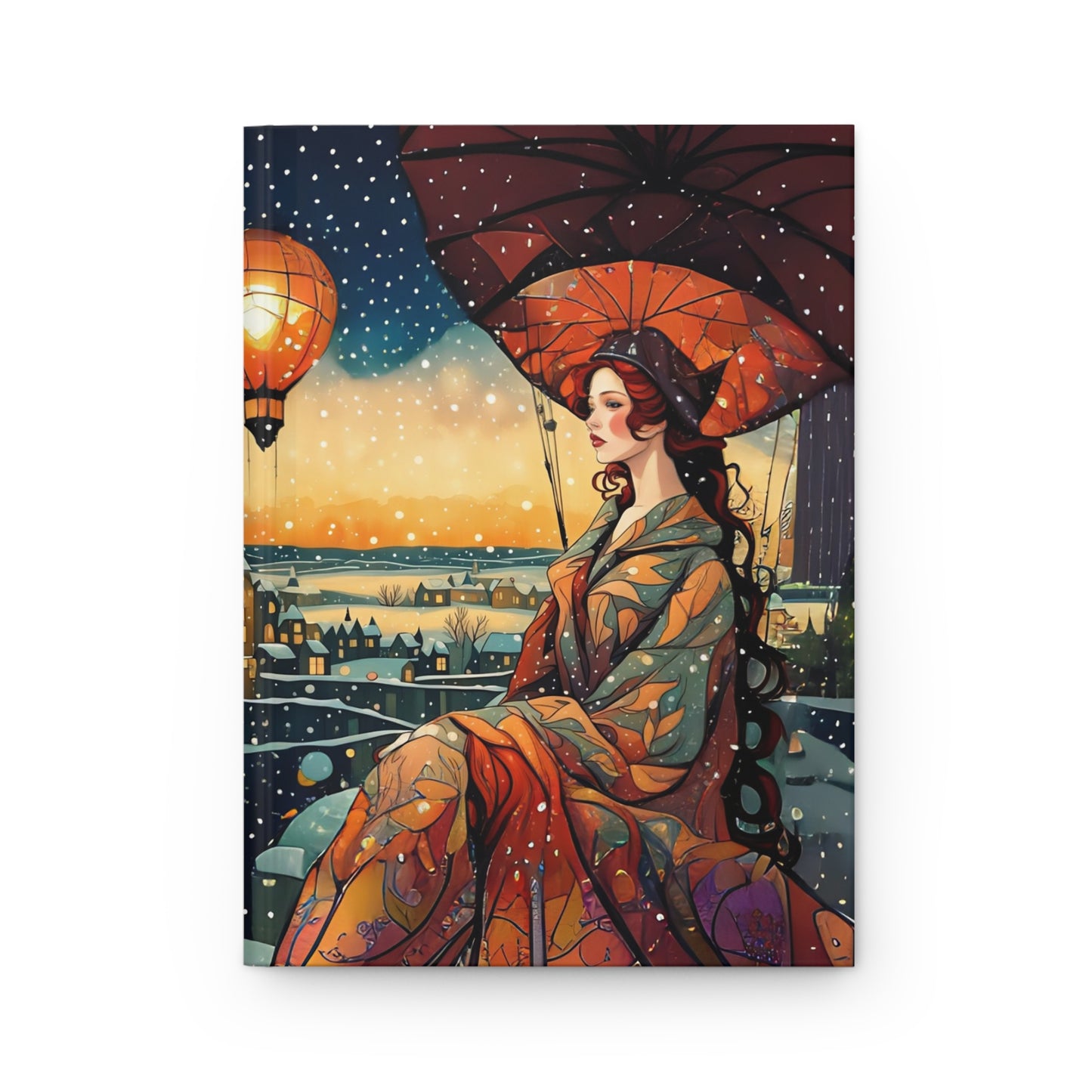 Cityscape Hardcover Journal Matte - Snowy Night with Hot Air Balloons -