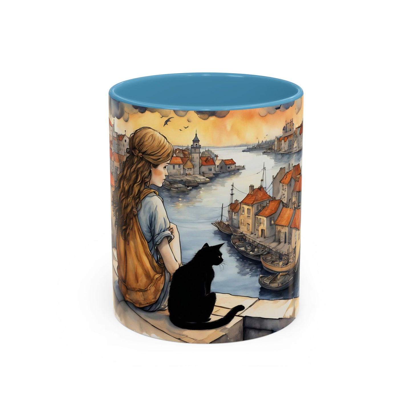 Girl with Black cat on a roof top Art-Themed Coffee Mug - 11 & 15oz Accent Mug for Musroom  Fsiry Lovers
