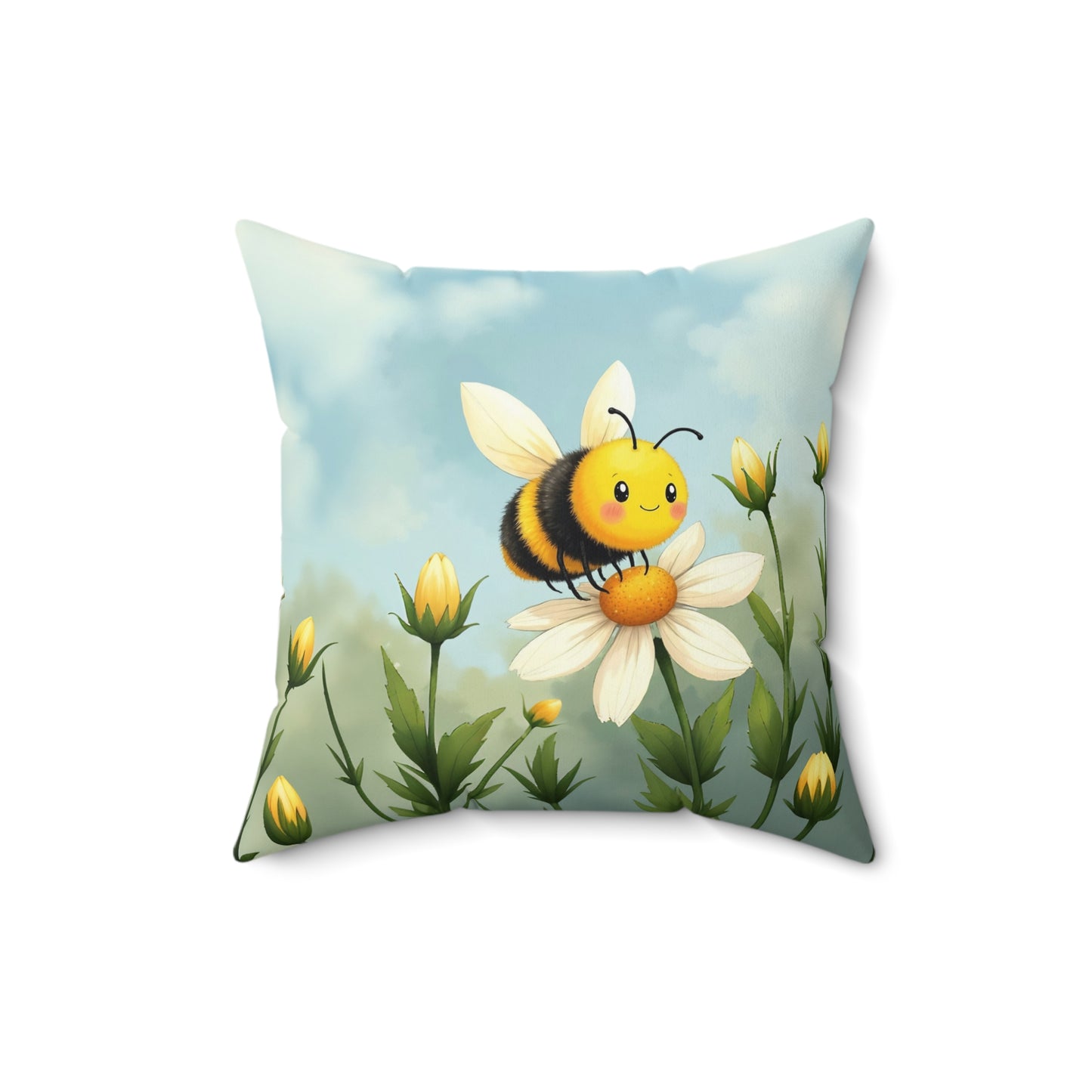 Square Pillow - Cute Honey Bee in Flower Garden by Fairyhill Studio