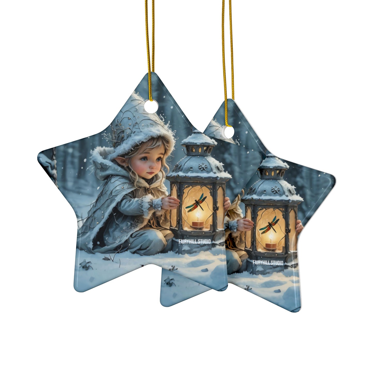 Ceramic Ornaments - Magical Holiday Elf with Dragonfly Lantern Art