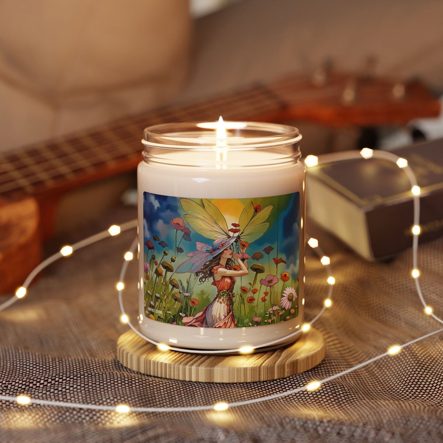 Soy Candle Art of  a girl  with summer hat in summer gathering flowers