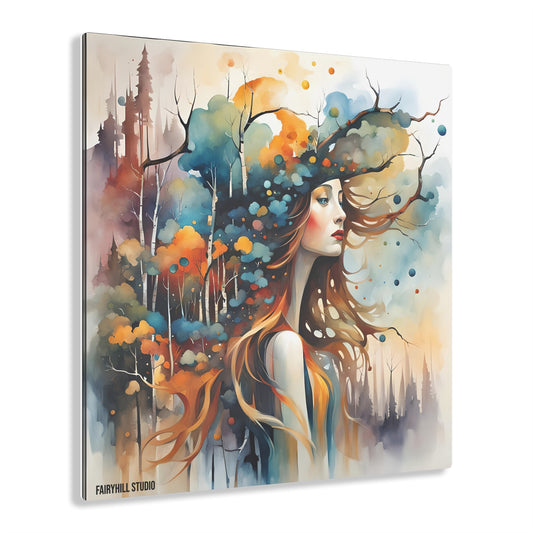 Art Acrylic Prints - Beautiful Girl with Hat in Rainbow Colors Watercolor Art