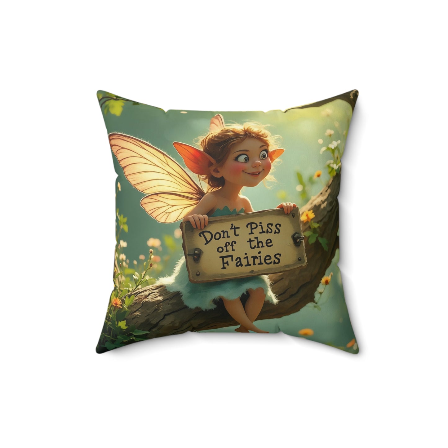 Square Pillow - "Don't Piss Off the Fairies"  Fairy Art Quote  by Fairyhill Studio