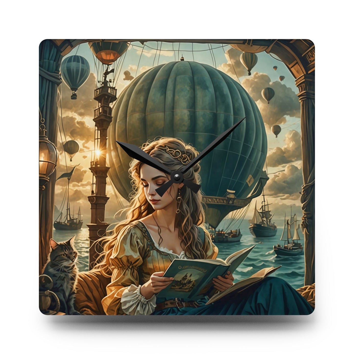 Hot Air Balloons and Girl reading a book to a cat  Acrylic Wall Clock yapilmadi