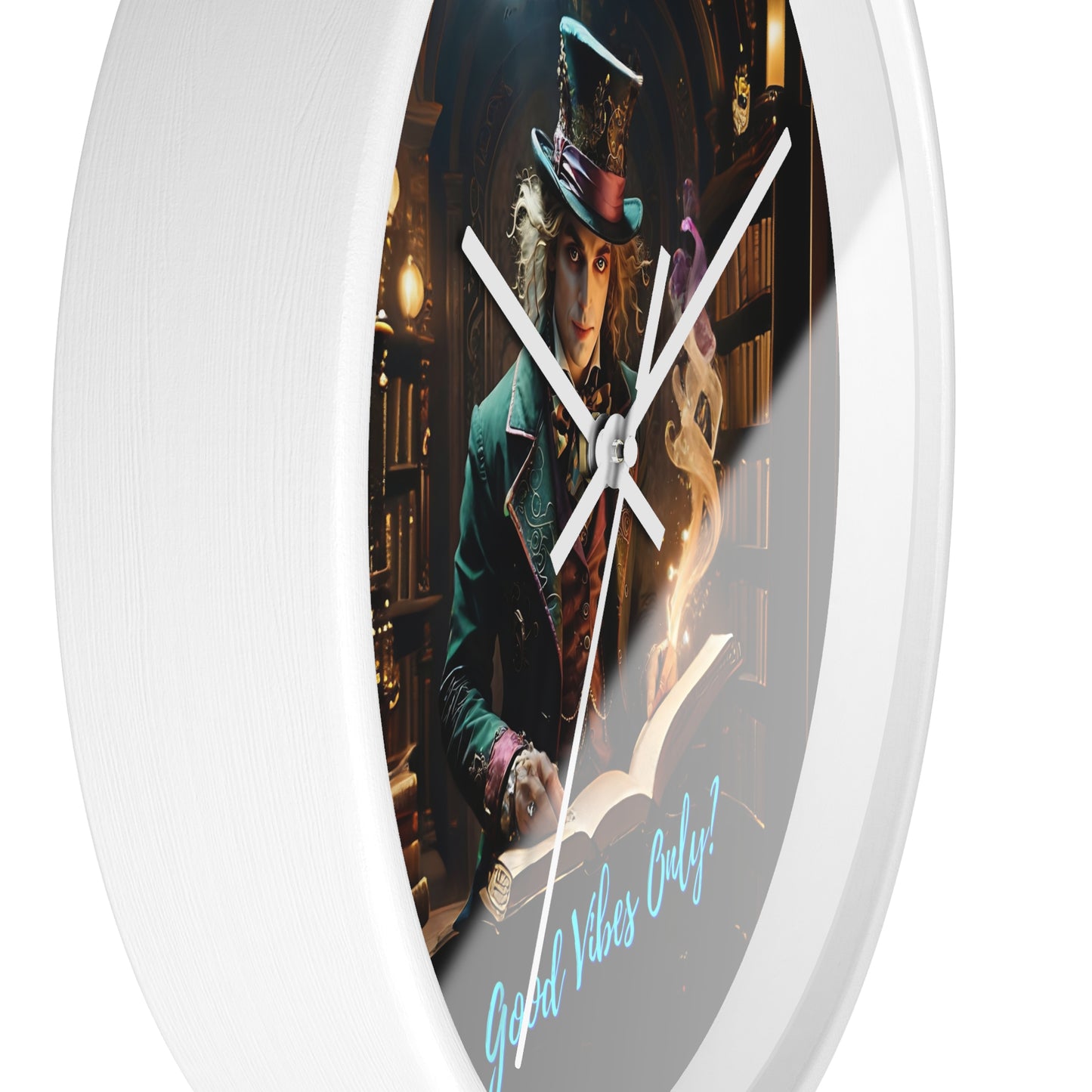 Wall Clock - &quot;Good Vibes Only&quot; Mad Hatter with Books Fairyhill Studio Art