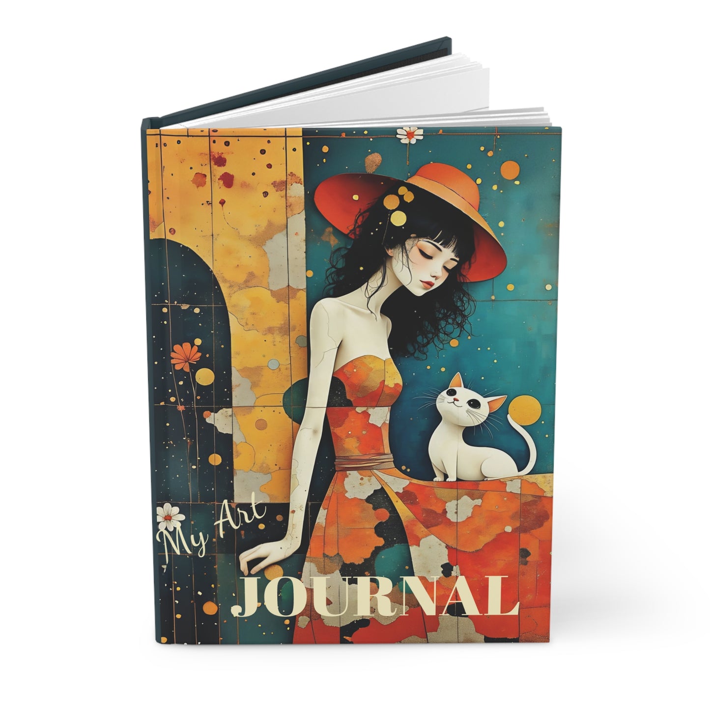 Girl with white cat art Mindful  Journal Hardcover