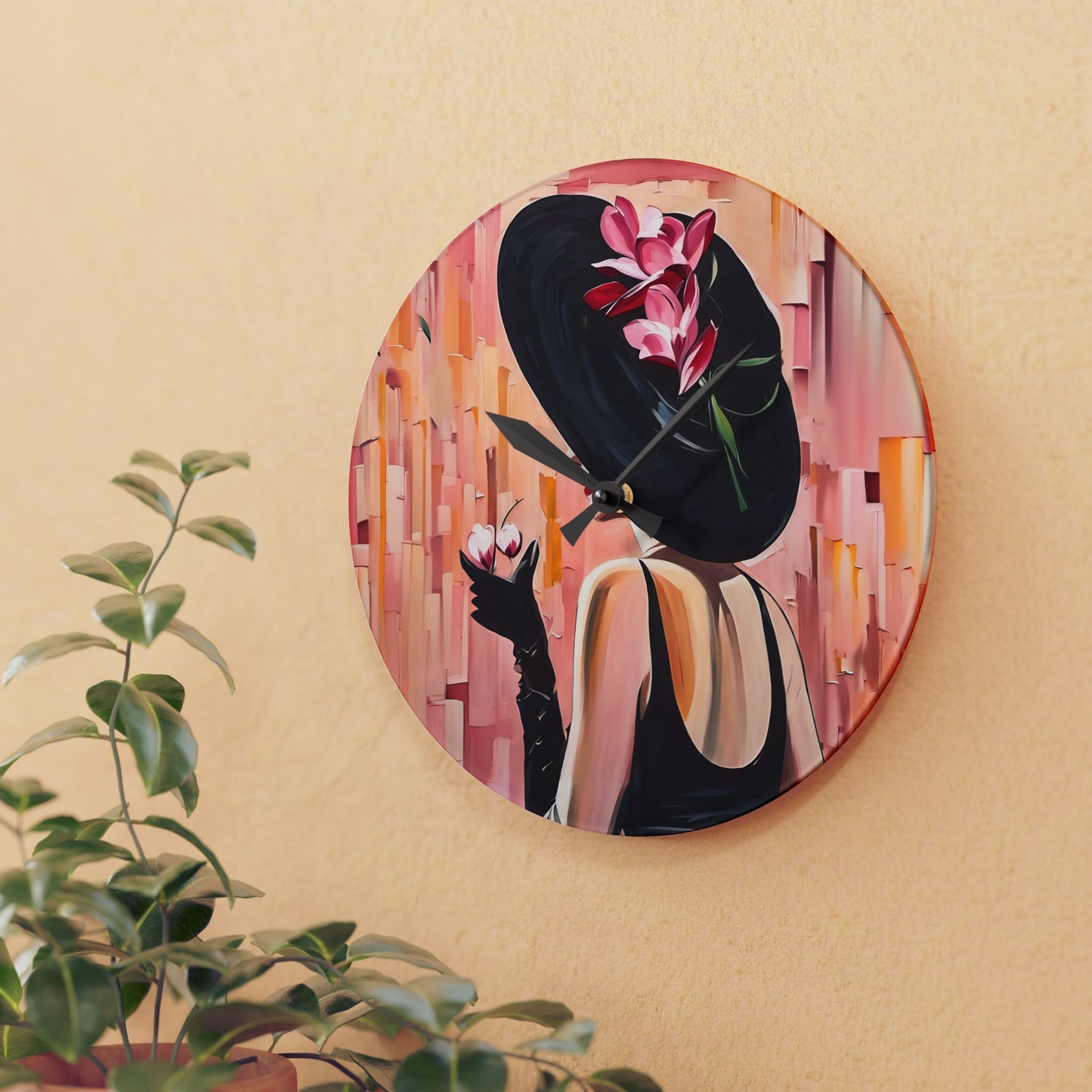 Acrylic Wall Clock Pink and Black Art Lady with Black Hat Marini Glass Fairyhill Studio Design