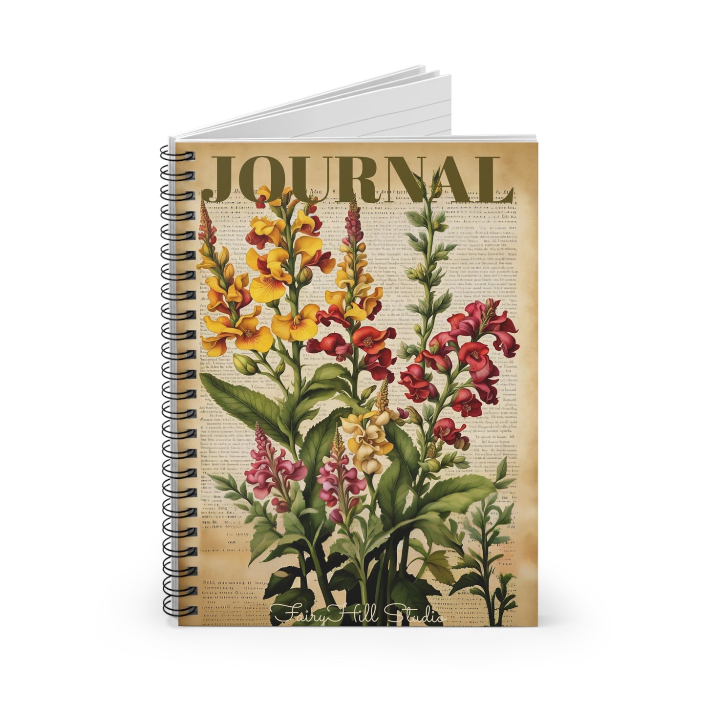 Vintage Botanical Journal - Ruled Line Spiral Notebook with Ink Illustration of Antirrhinum Snapdragons /Fairyhill Studio