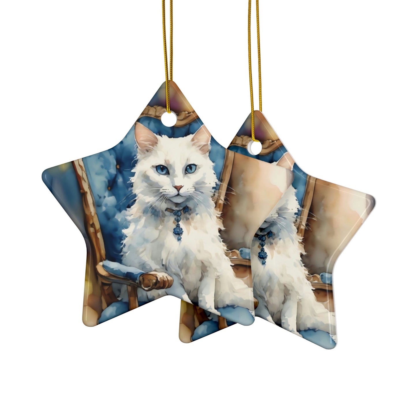 Ceramic Ornaments - White Cat on Blue Chair - 2-Side Print - Holiday Decor