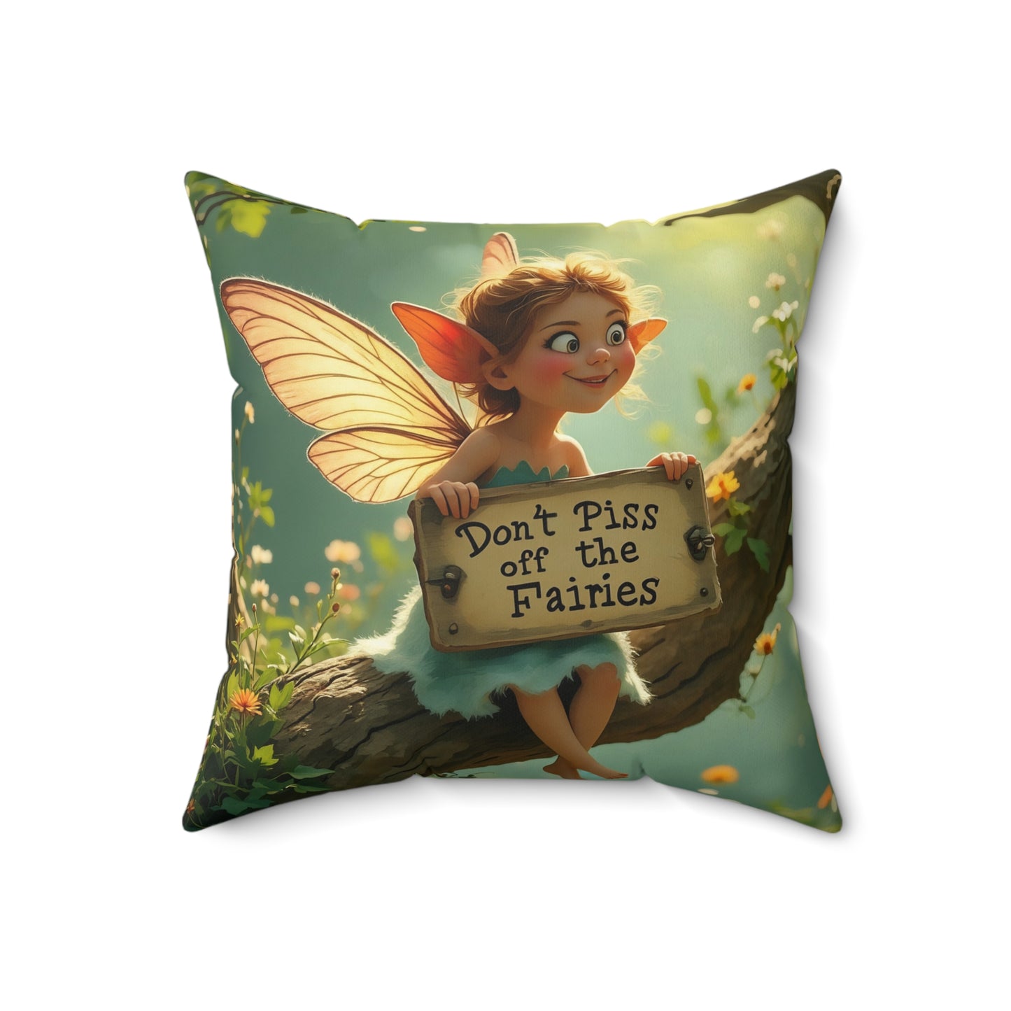 Square Pillow - "Don't Piss Off the Fairies"  Fairy Art Quote  by Fairyhill Studio