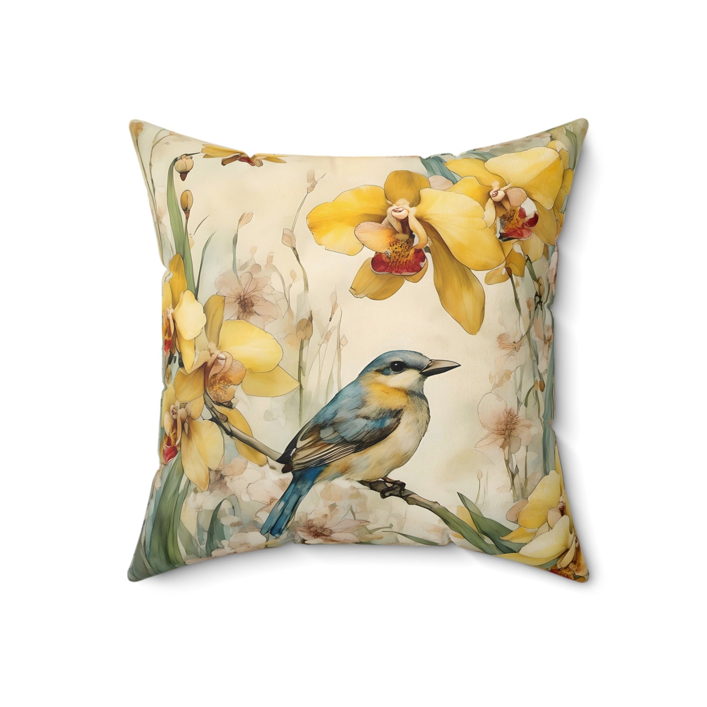 Square Pillow Blue Bird Yellow Flowers Summer Art Throw Pillow