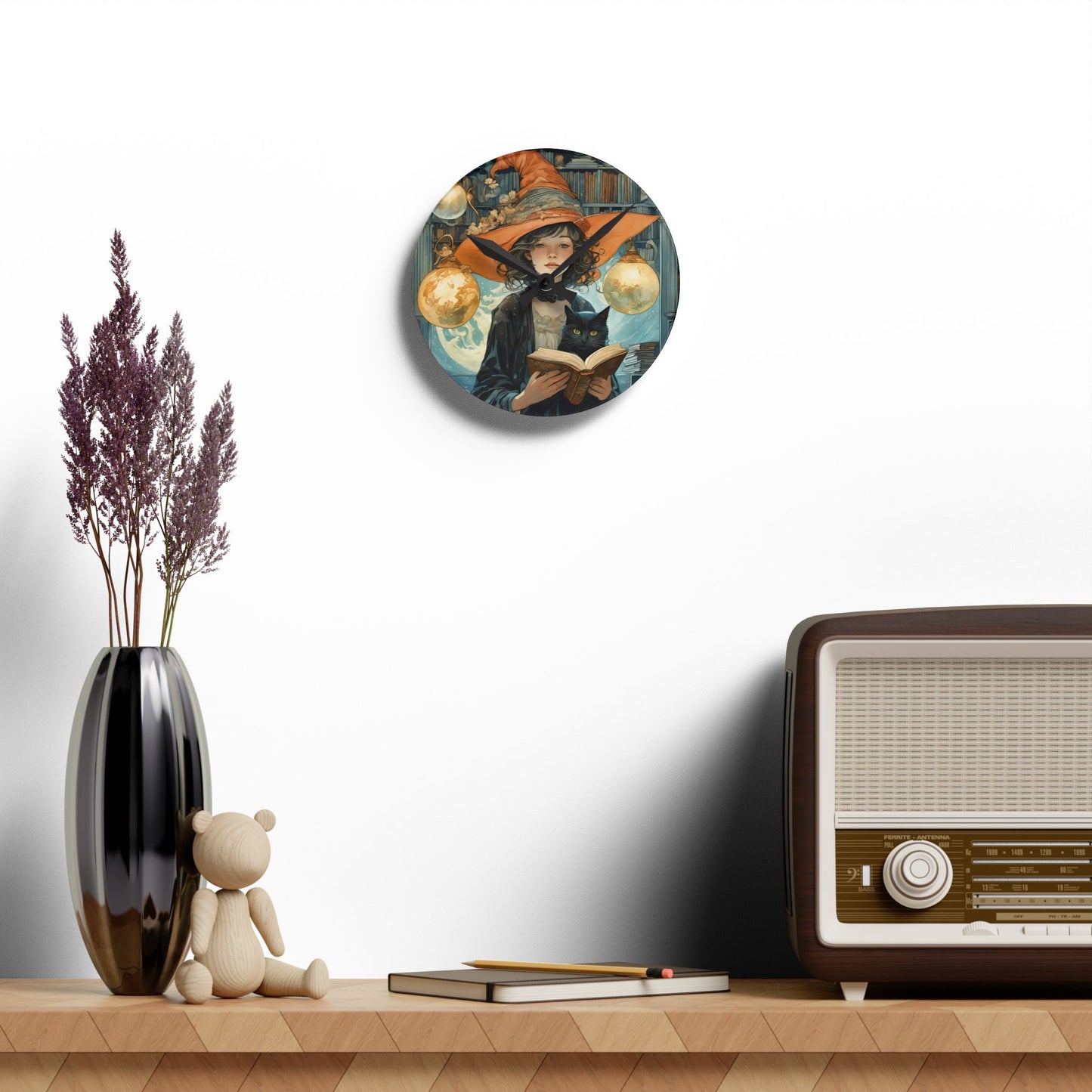Acrylic Wall Clock - Witch and Black Cat Reading Book Art by Fairyhill Studio