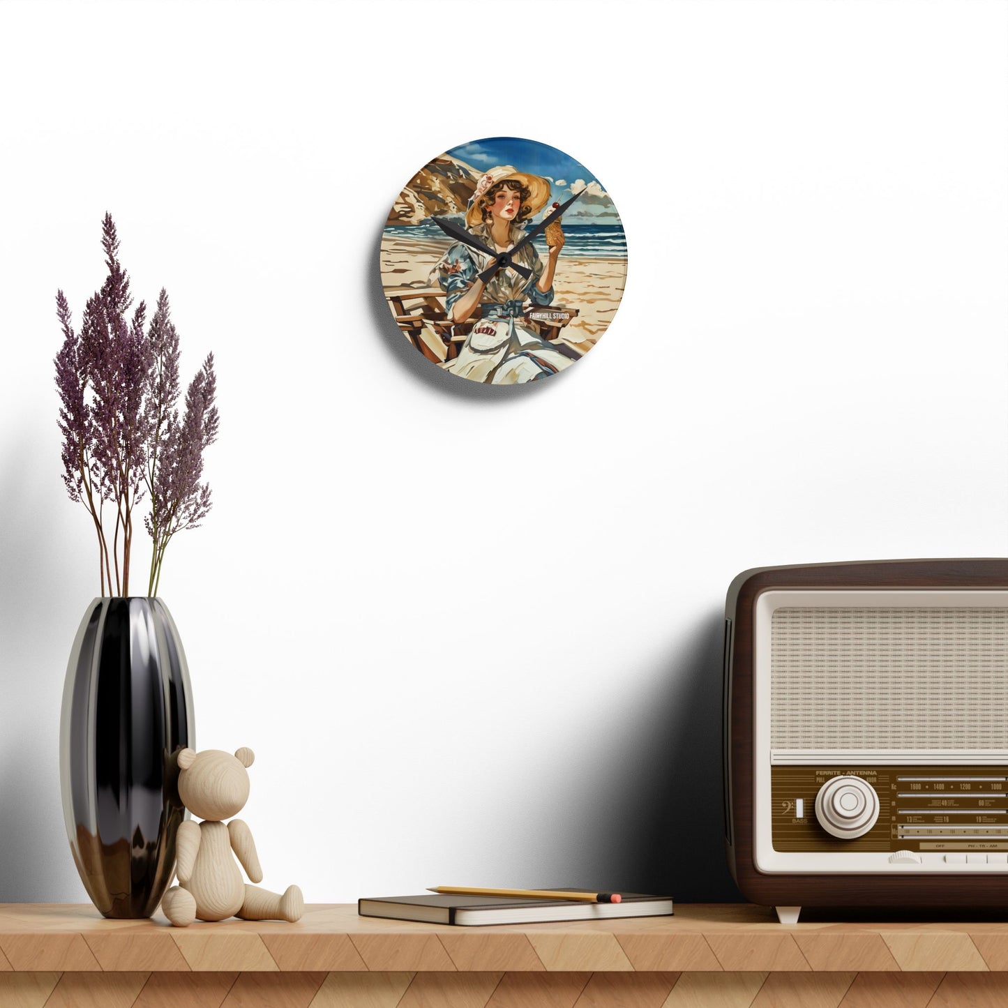 Acrylic Wall Clock Vintage model with an icecream at the beach/Art