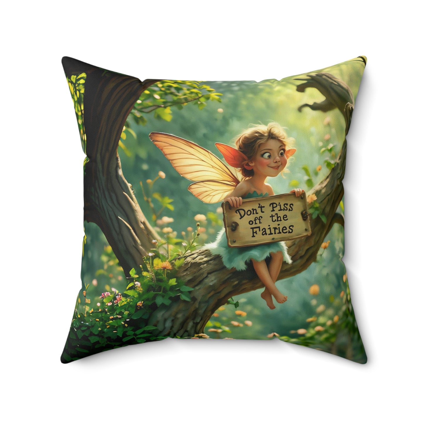 Square Pillow - "Don't Piss Off the Fairies" quote Fairy Art by Fairyhill Studio