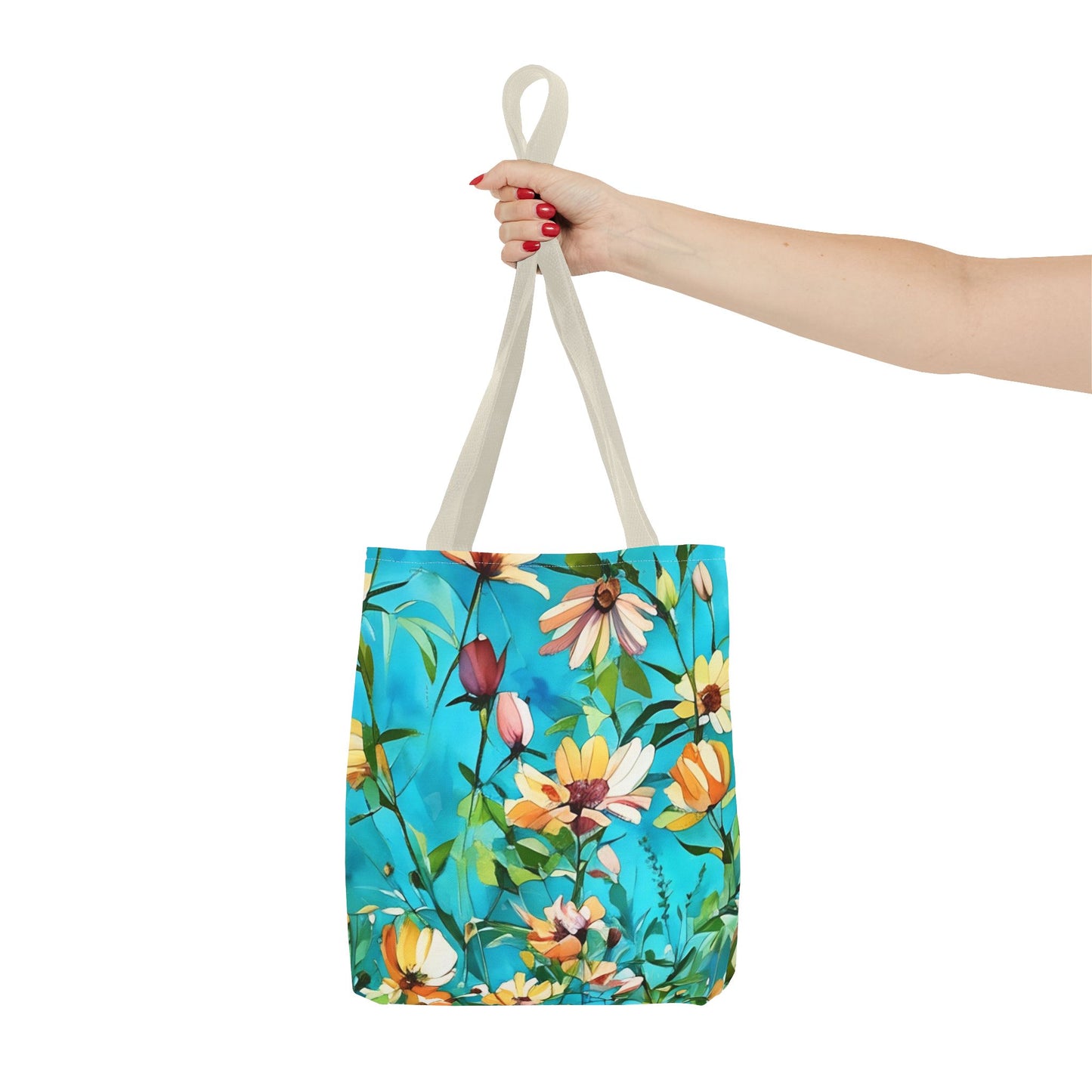 Floral Tote Bag with Wild Peach Color Flowers on Aqua Background