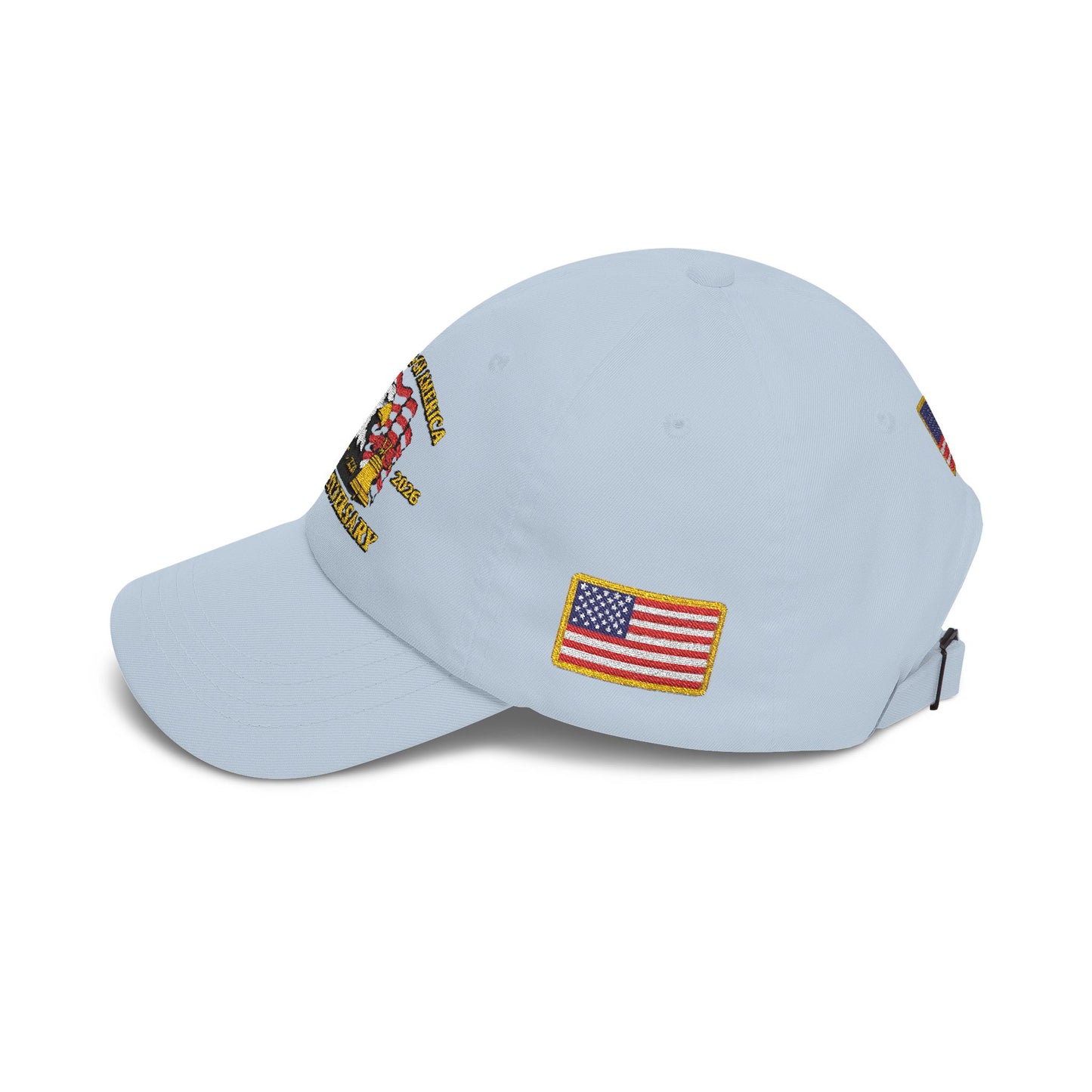 250th Anniversary USA Flag Patch Hat – Embroidered Gold Border Edition (1776–2026) – Classic White Baseball Hat