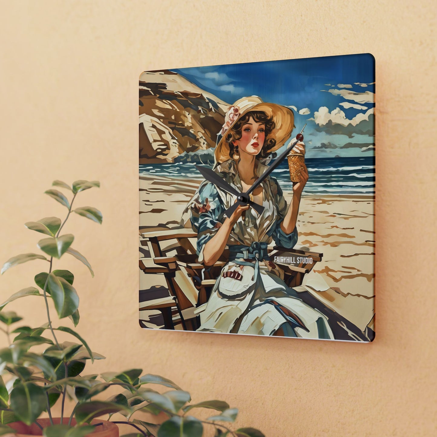 Acrylic Wall Clock Vintage model with an icecream at the beach/Art