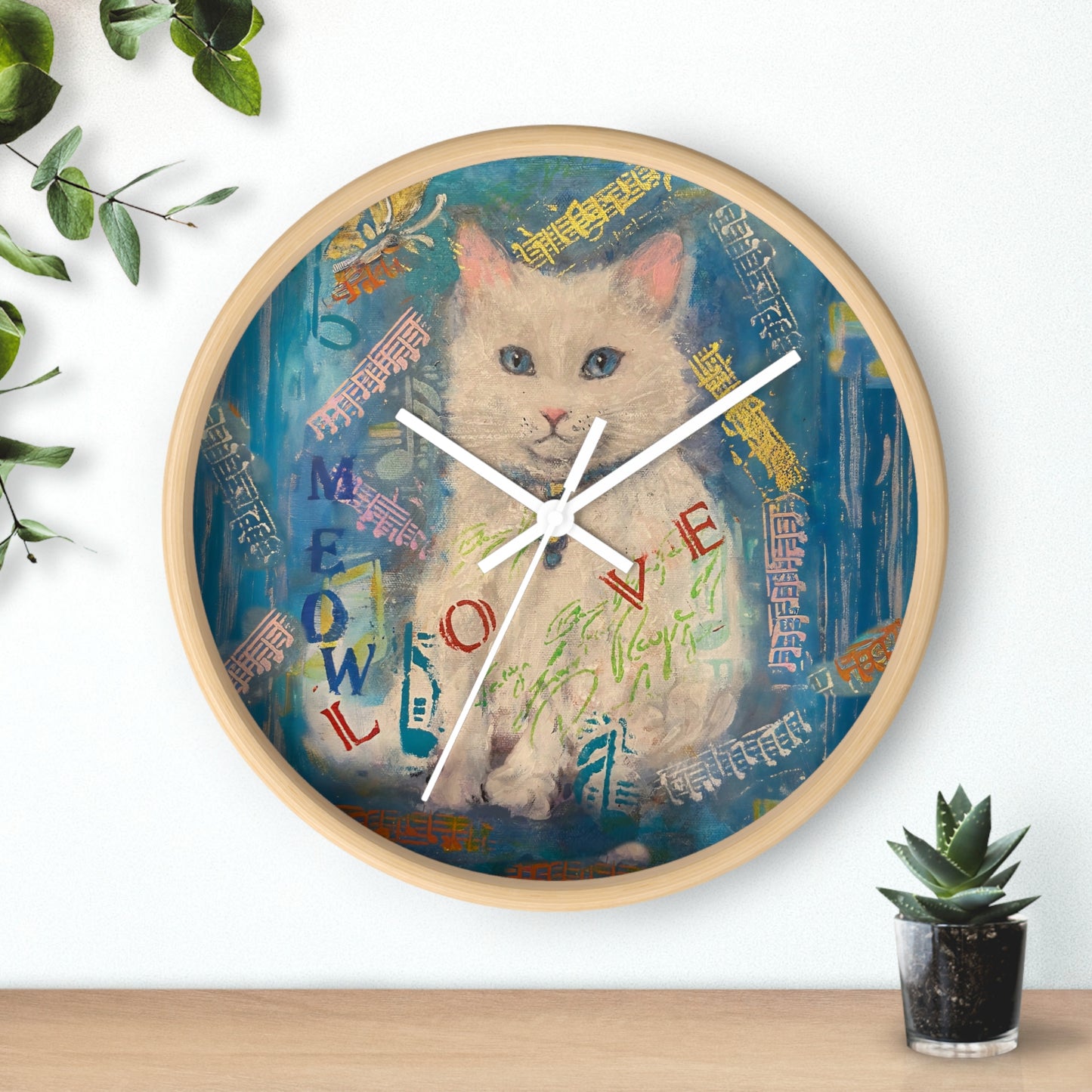 Cat Wall Clock - Lovely White Cat with Blue Eyes Art by Fairyhill Studio