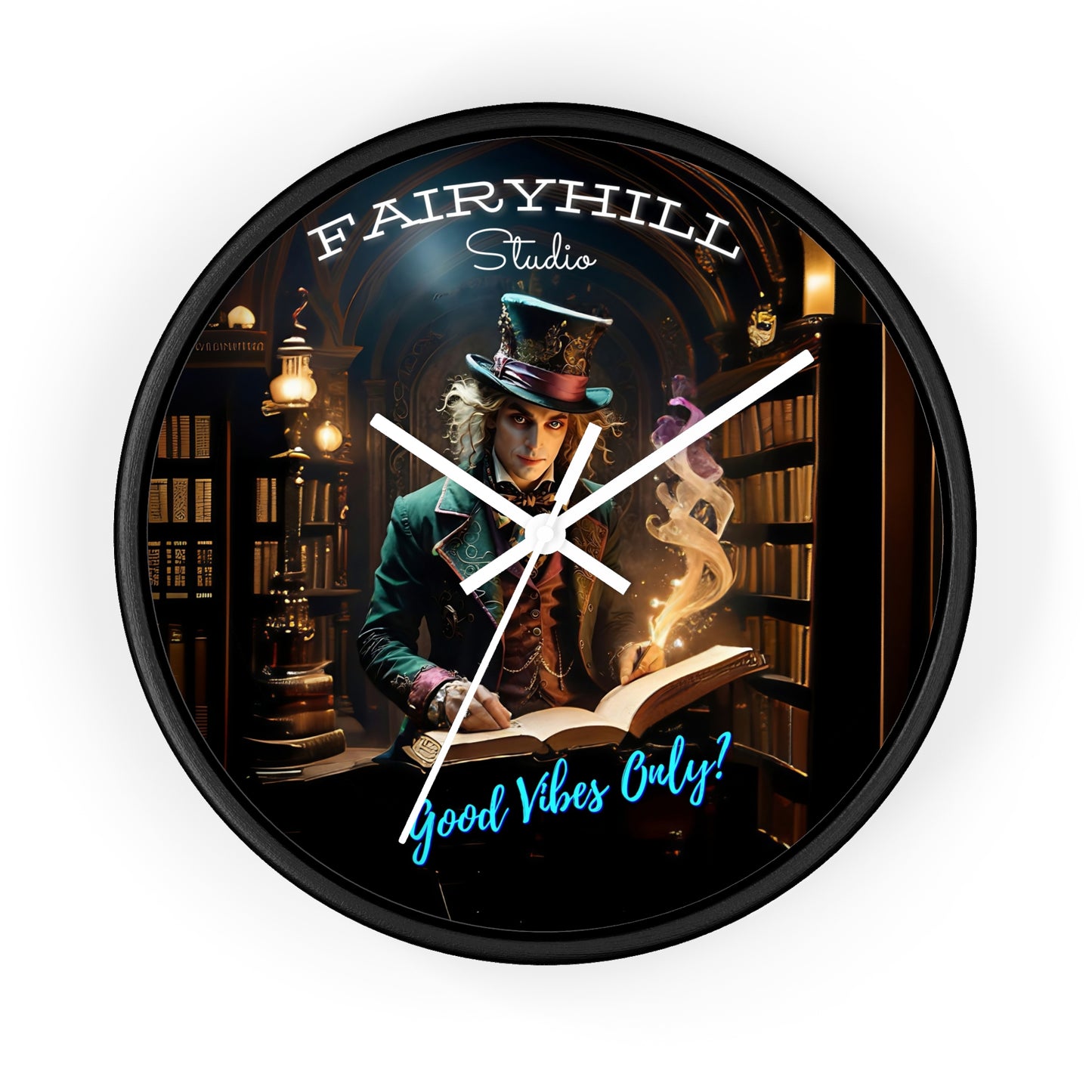 Wall Clock - Good Vibes Only Magician Mad Hatter Harry Potter Style Library Art