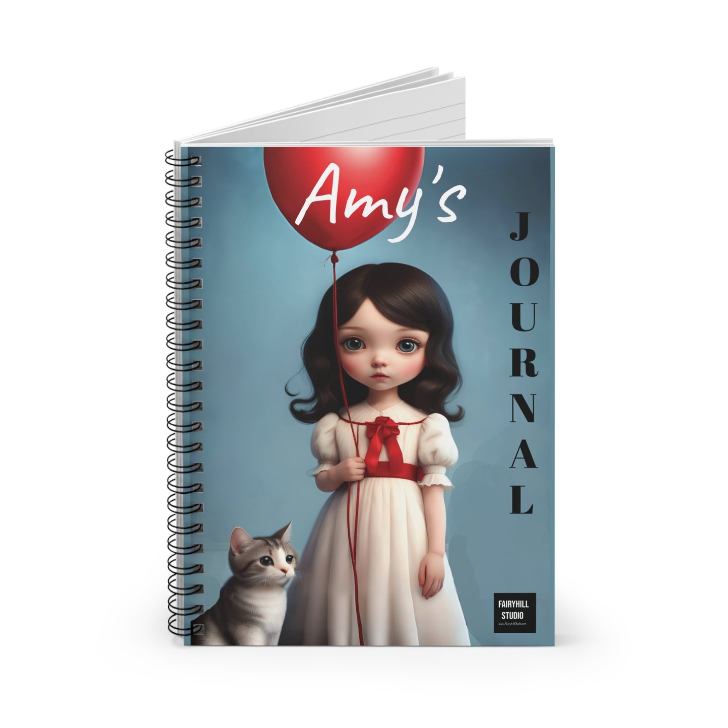 Customized Girl with cat and a Red Balloon Spiral Notebook Fairyhill Studio