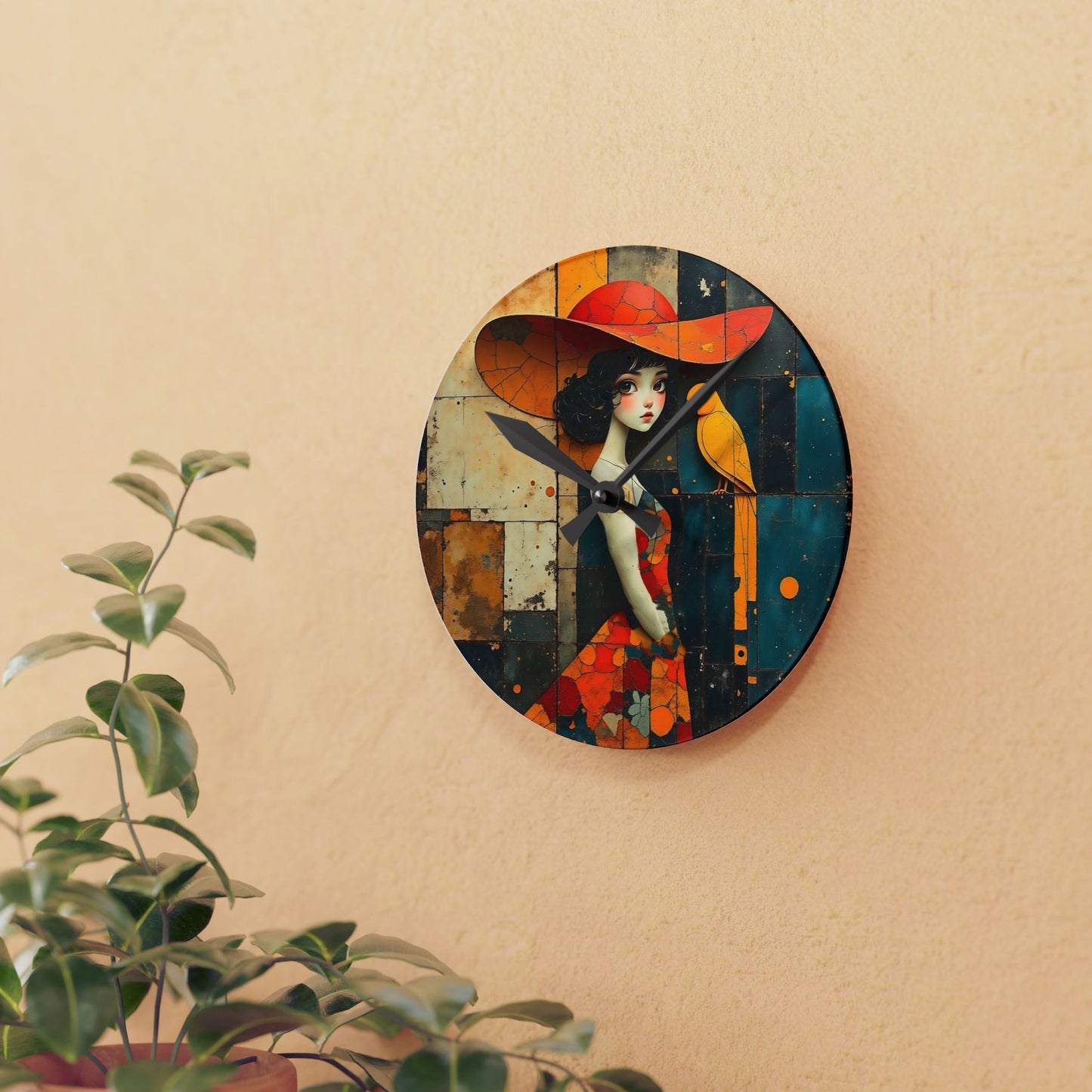 Girl with a yellow parrot Acrylic Wall Clock