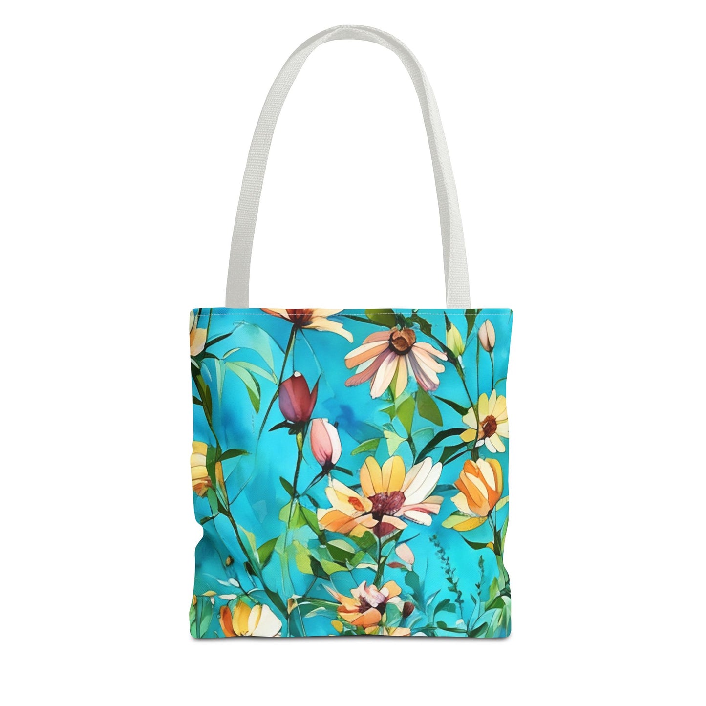Floral Tote Bag with Wild Peach Color Flowers on Aqua Background