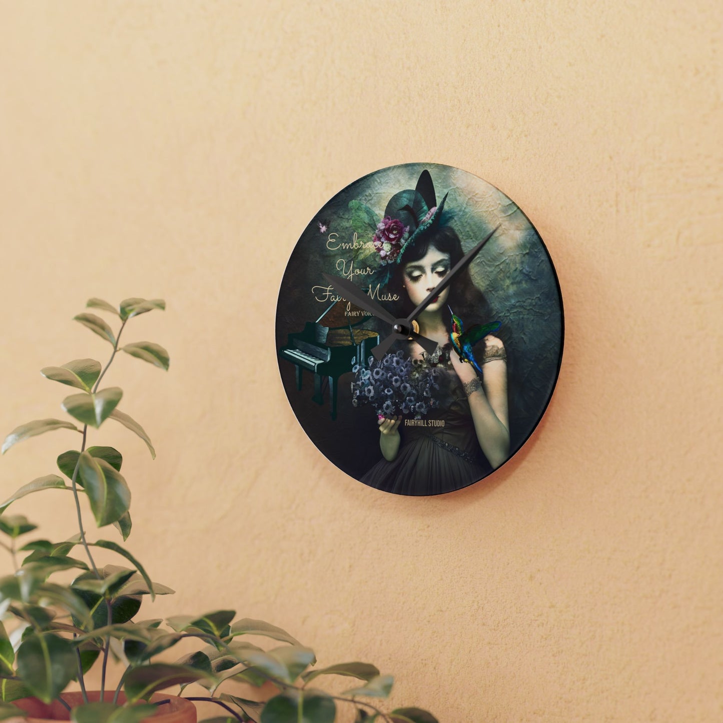 Wall Clock - Fairy Muse Girl with Hat and Hummingbird Art