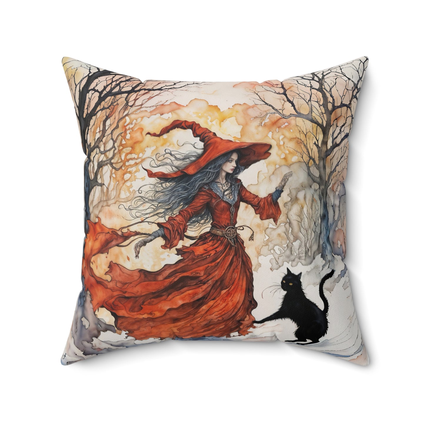 Crimson witch with black cat pillow  Square Pillow - by Fairyhill Studio