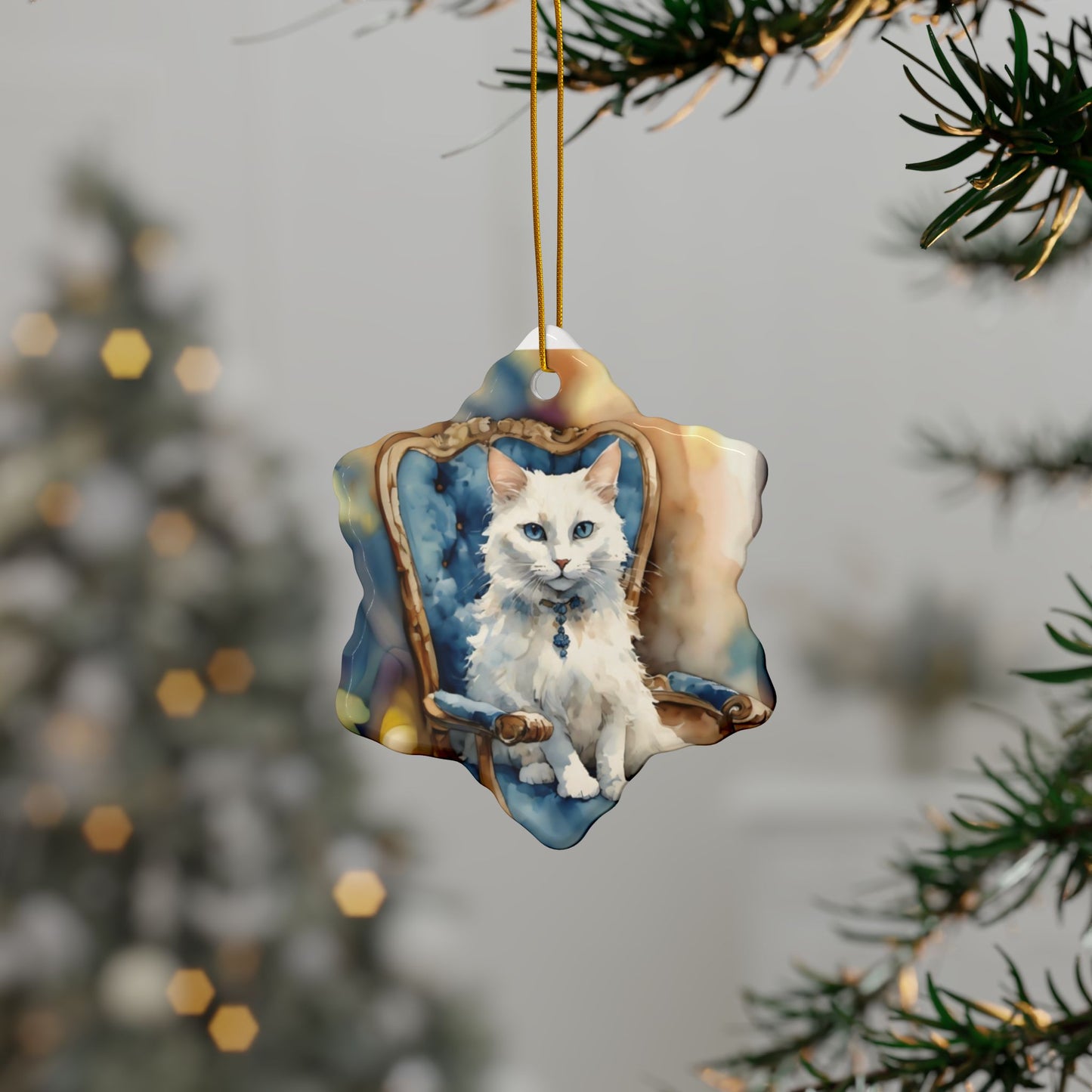 Ceramic Ornaments - White Cat on Blue Chair - 2-Side Print - Holiday Decor