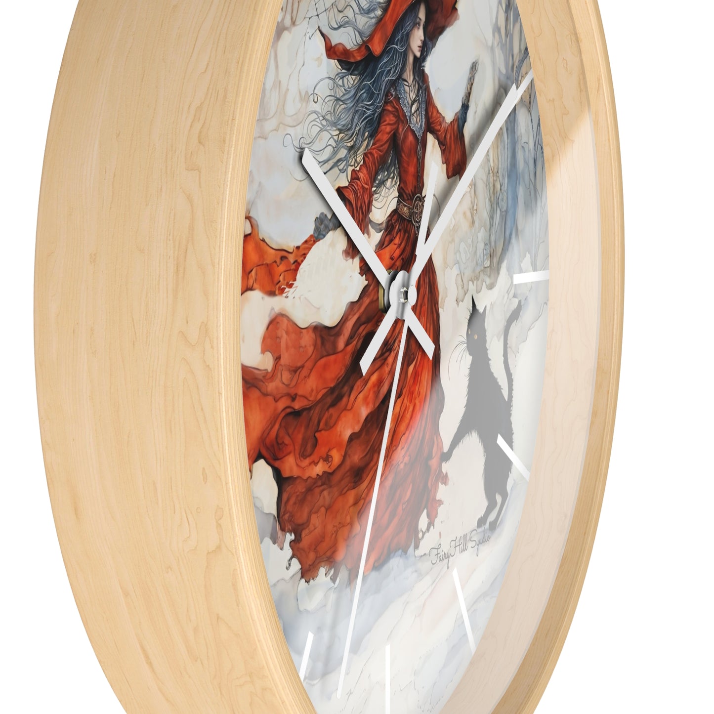 Crimson Witch with black cat Wall Clock, Boho Home Decor, Cat Lover Gift, Cozy Living Room Accessory, Unique Cat Artwork