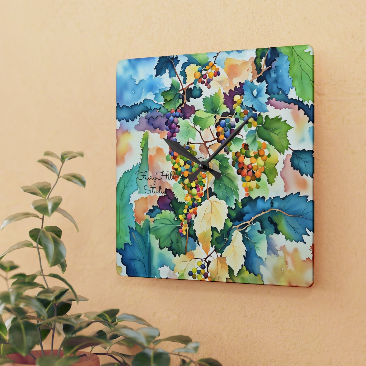 Wall Clock Watercolor Tuscany Grapes Art