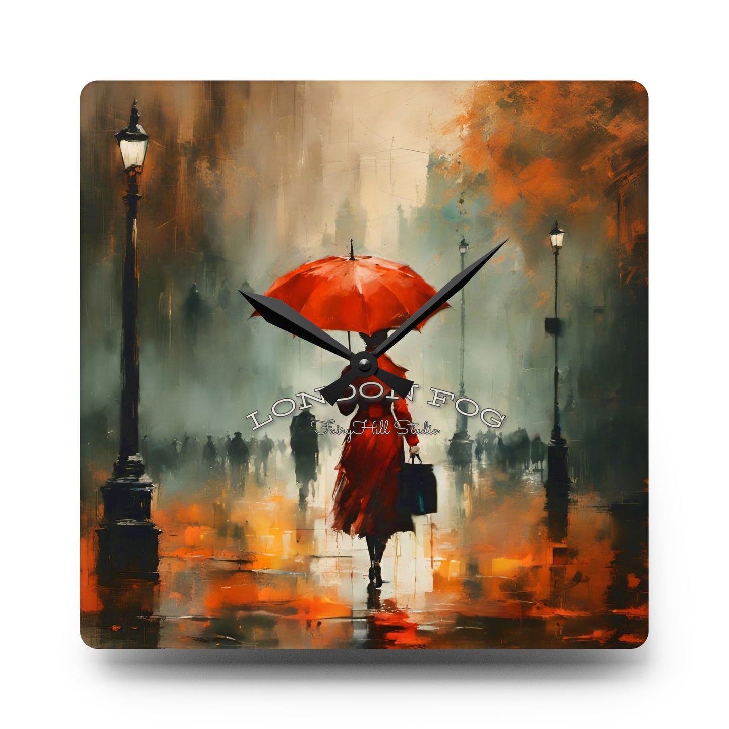 Wall Clock - Elegant Woman in Red Raincoat and Umbrella London Fog Art by Fairyhill Studio
