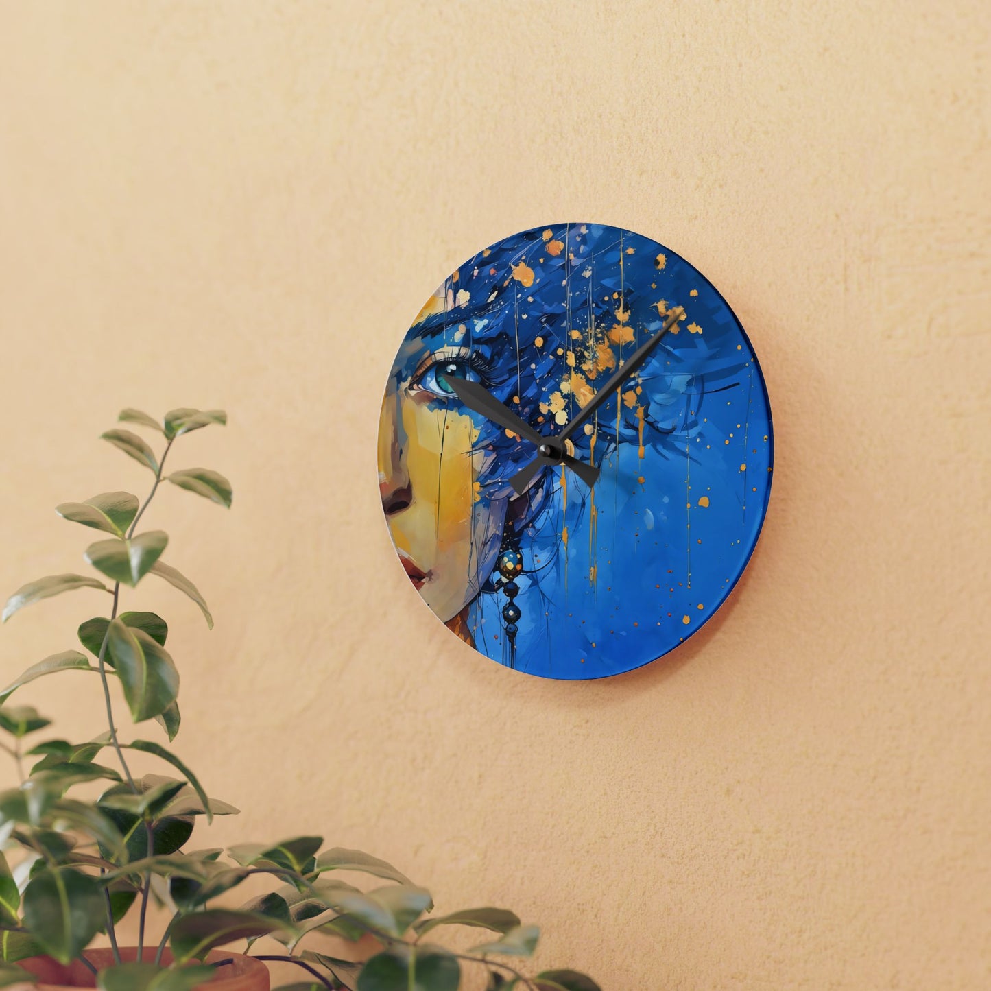 Acrylic Wall Clock Blue and Gold Abstract Woman Art