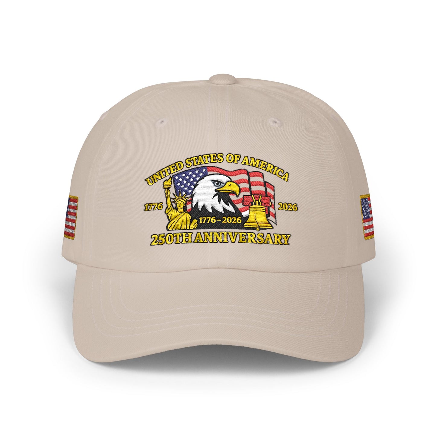 250th Anniversary USA Flag Patch Hat – Embroidered Gold Border Edition (1776–2026) – Classic White Baseball Hat