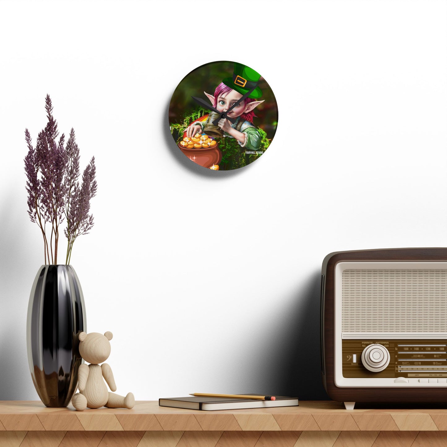 Acrylic Wall Clock Irish Elf with pot of gold/Art