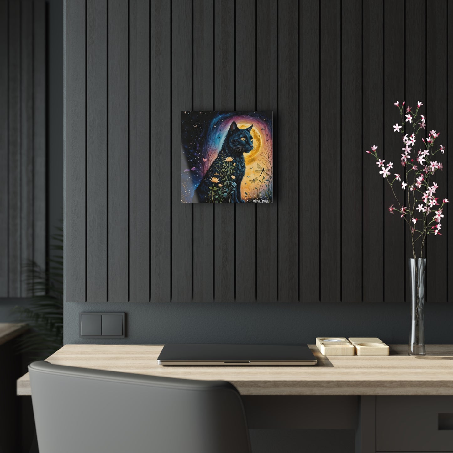 Black Cat at Night  Inspirational  Art Acrylic Print - Embrace Your Fairy Muse