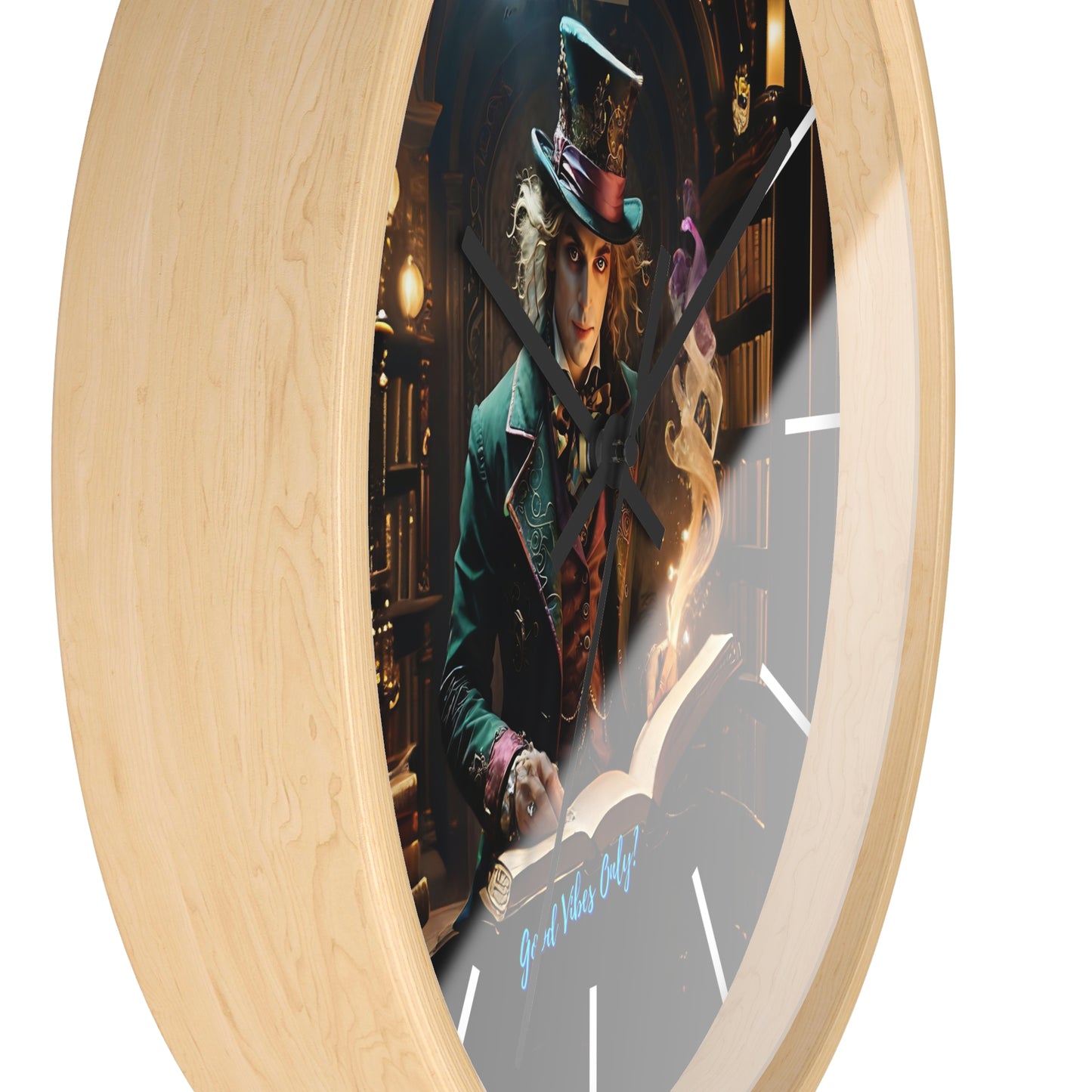 Wall Clock - &quot;Good Vibes Only&quot; Mad Hatter with Books