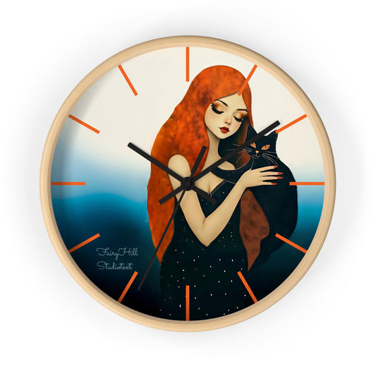 Whimsical Cat Embrace Wall Clock, Boho Home Decor, Cat Lover Gift, Cozy Living Room Accessory, Unique Cat Artwork